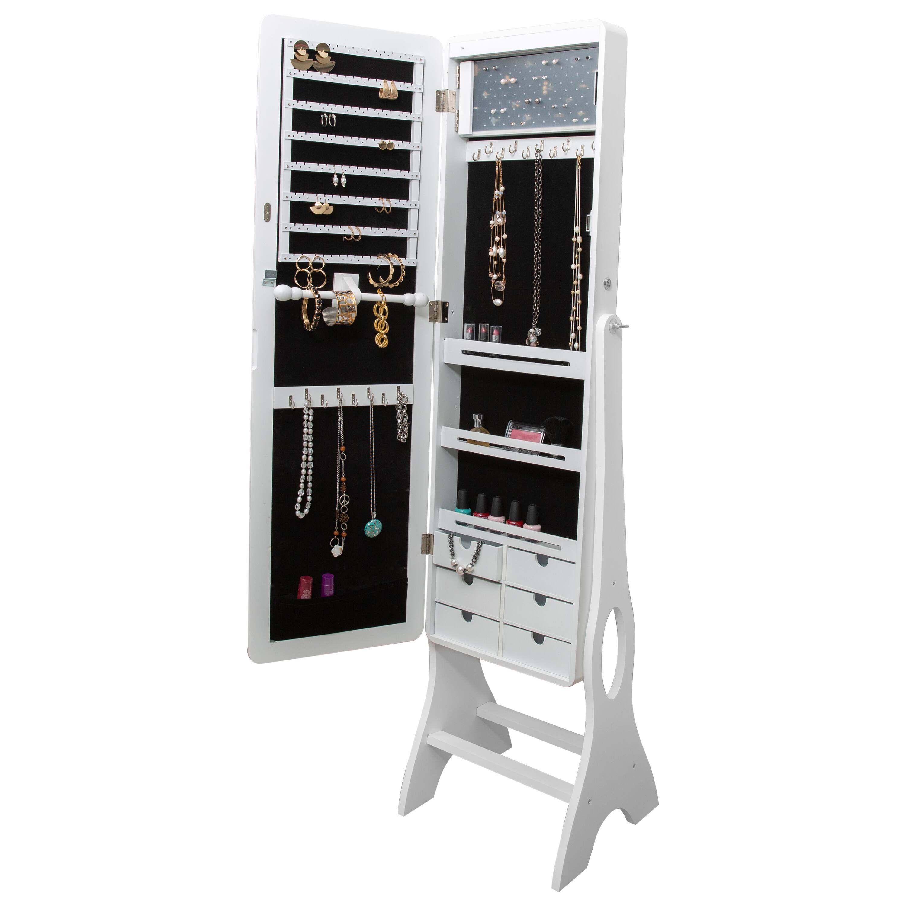 Simplify 61" White Jewelry Armoire Free Standing Cabinet with Full Mirror