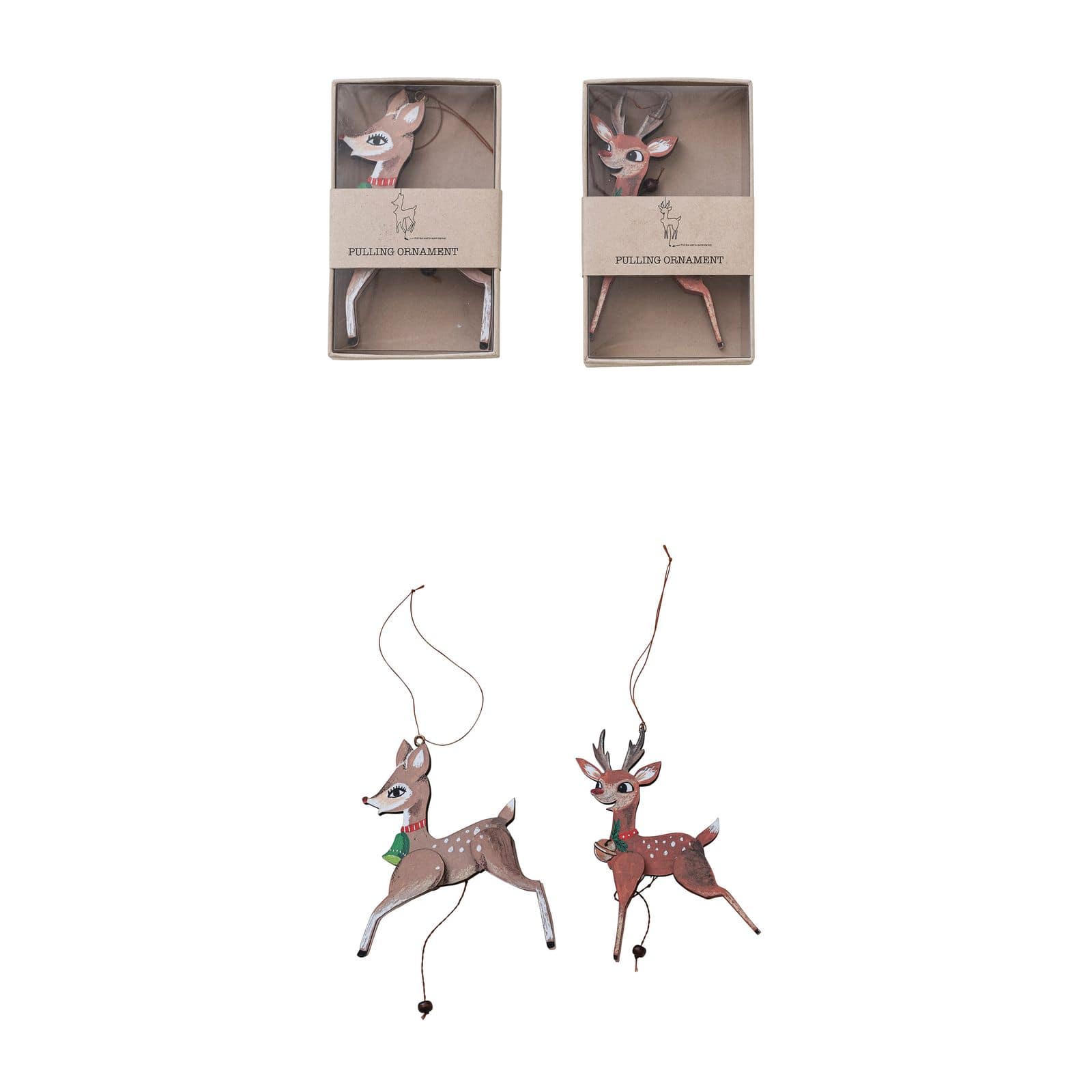 Hello Honey® 2 Pack 5.5" Brown Deer Wood & Recycled Paper Pull Ornaments