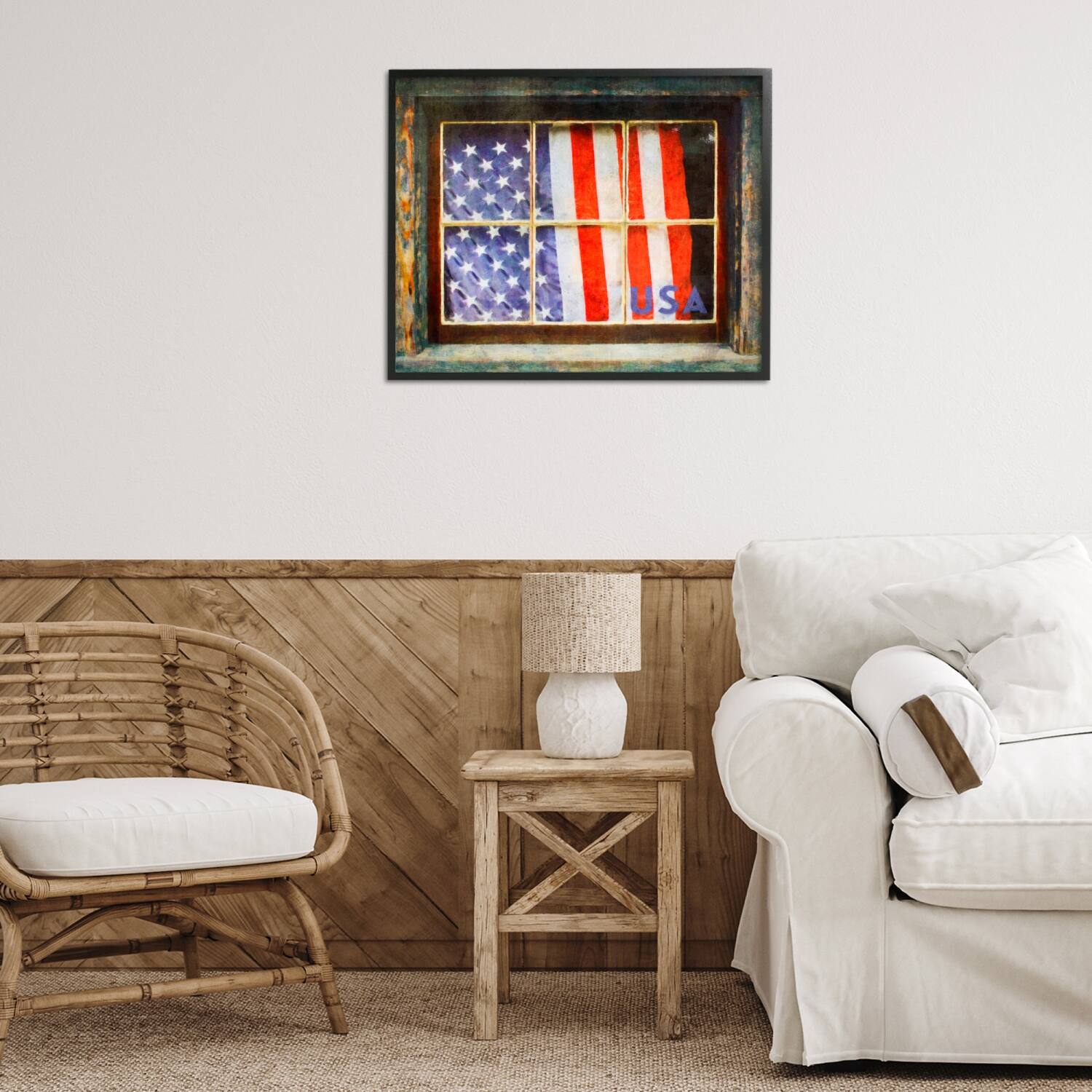 Stupell Industries Patriotic American Flag Rustic Window Festive Home Framed Giclee Art