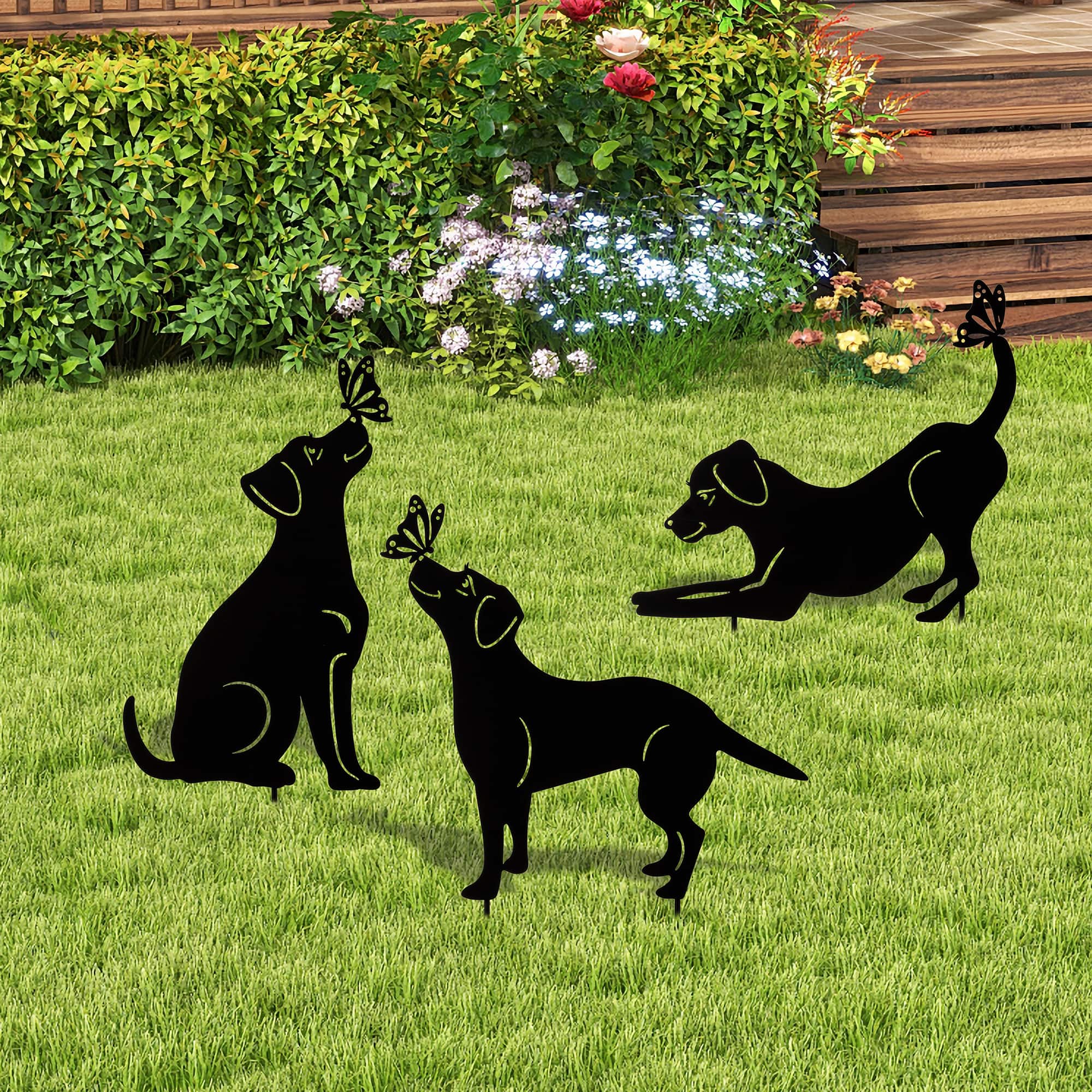 Glitzhome® 20" 2-in-1 Set of 3 Painted Metal Dog Silhouette Garden Picks & Wall Decor