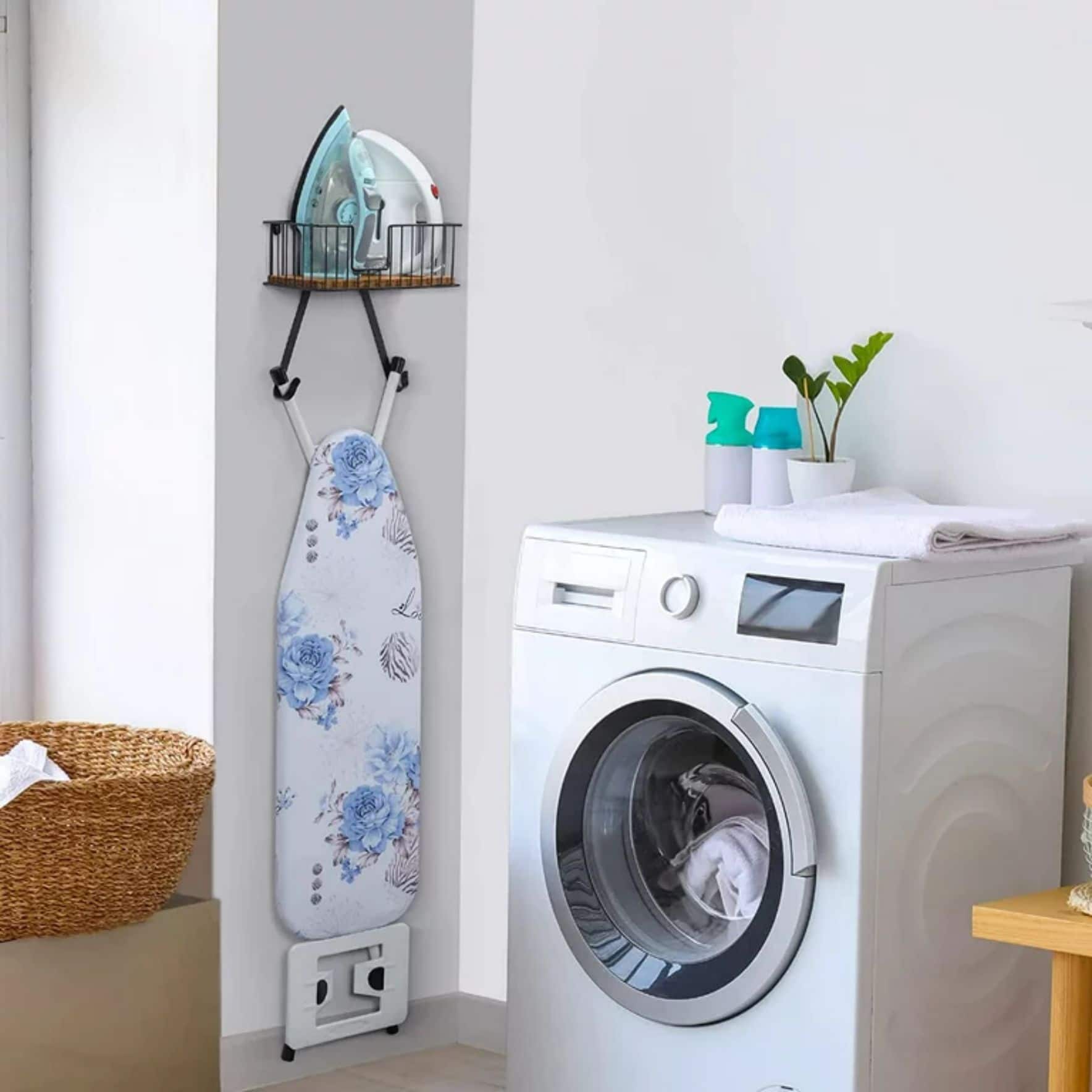 NEX™ Black Wall-Mounted Y-Leg Ironing Board Hanger with Storage Basket