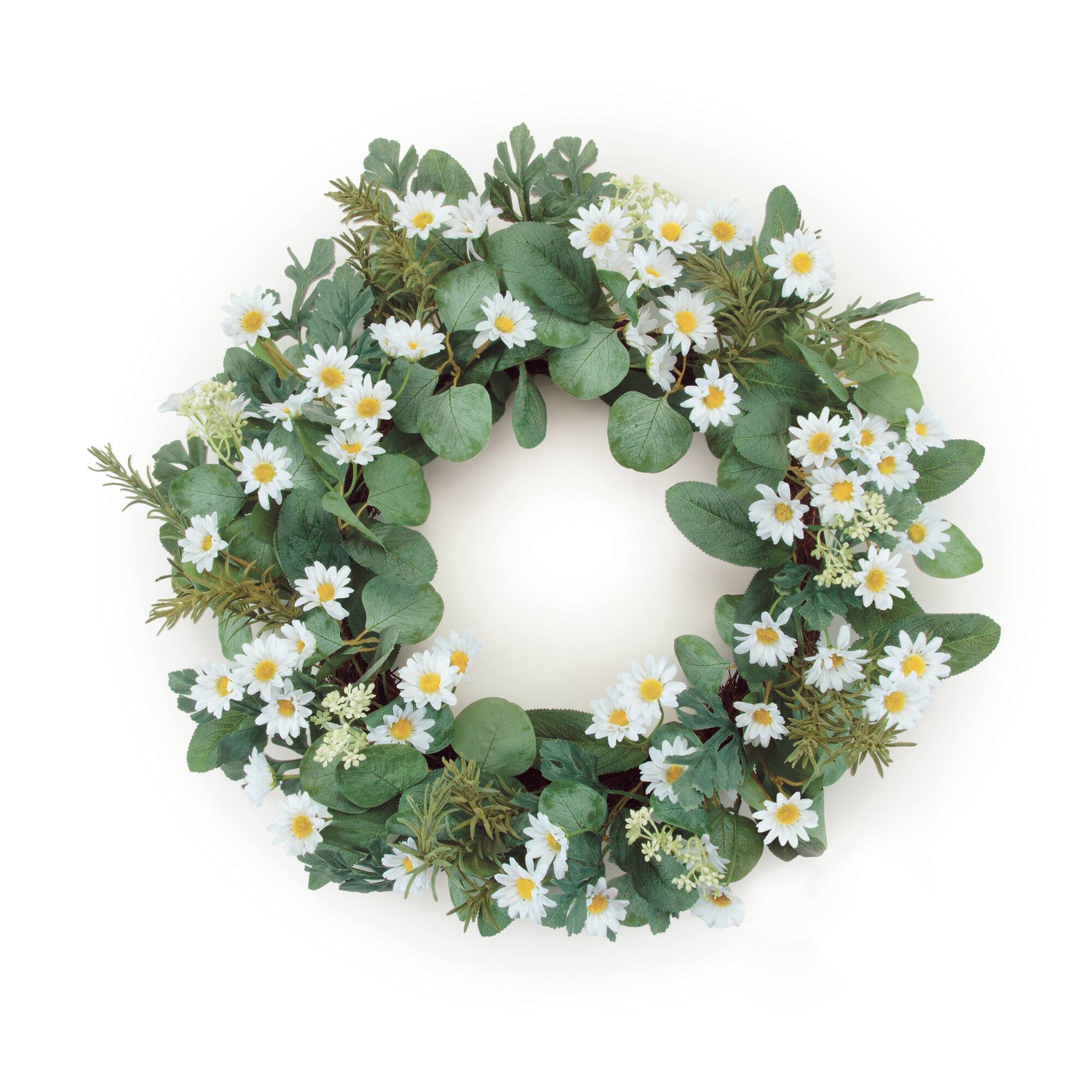 96710DS 22 in. Polyester Mini Daisy Wreath, White & Green