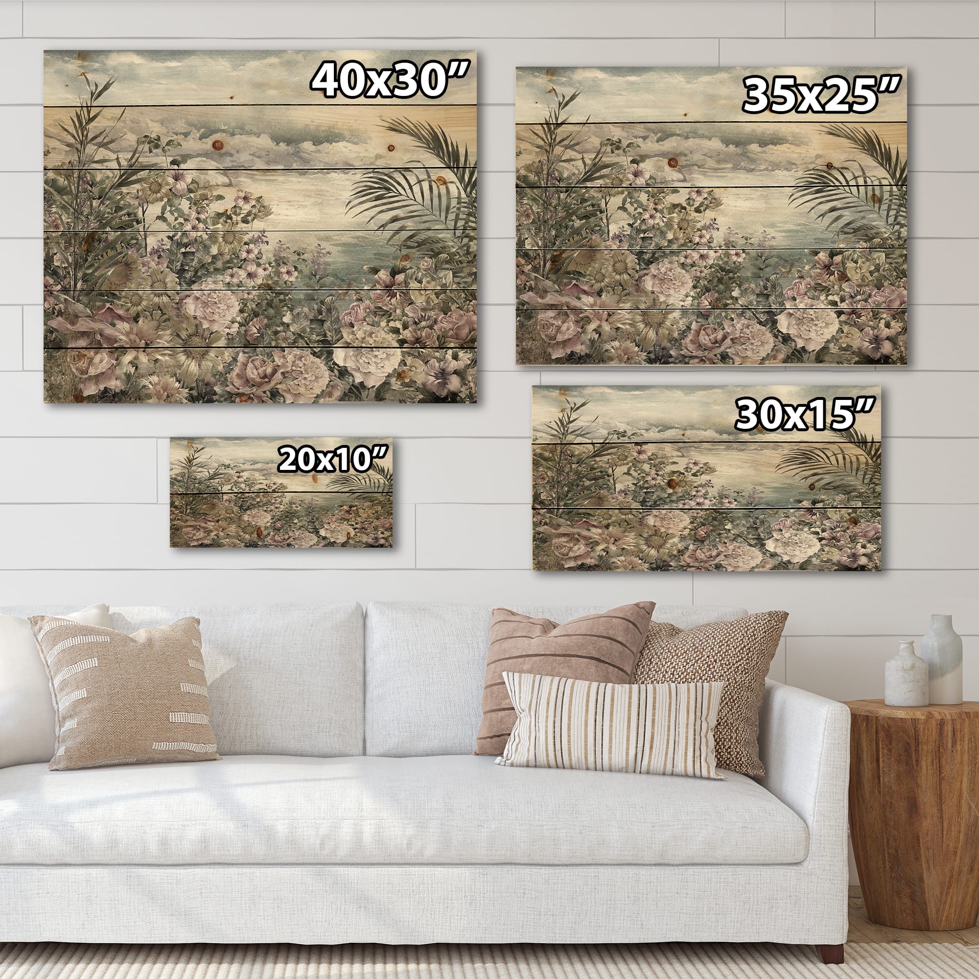 Designart - Retro Flowers By The Sea Side - Vintage Print on Natural Pine Wood
