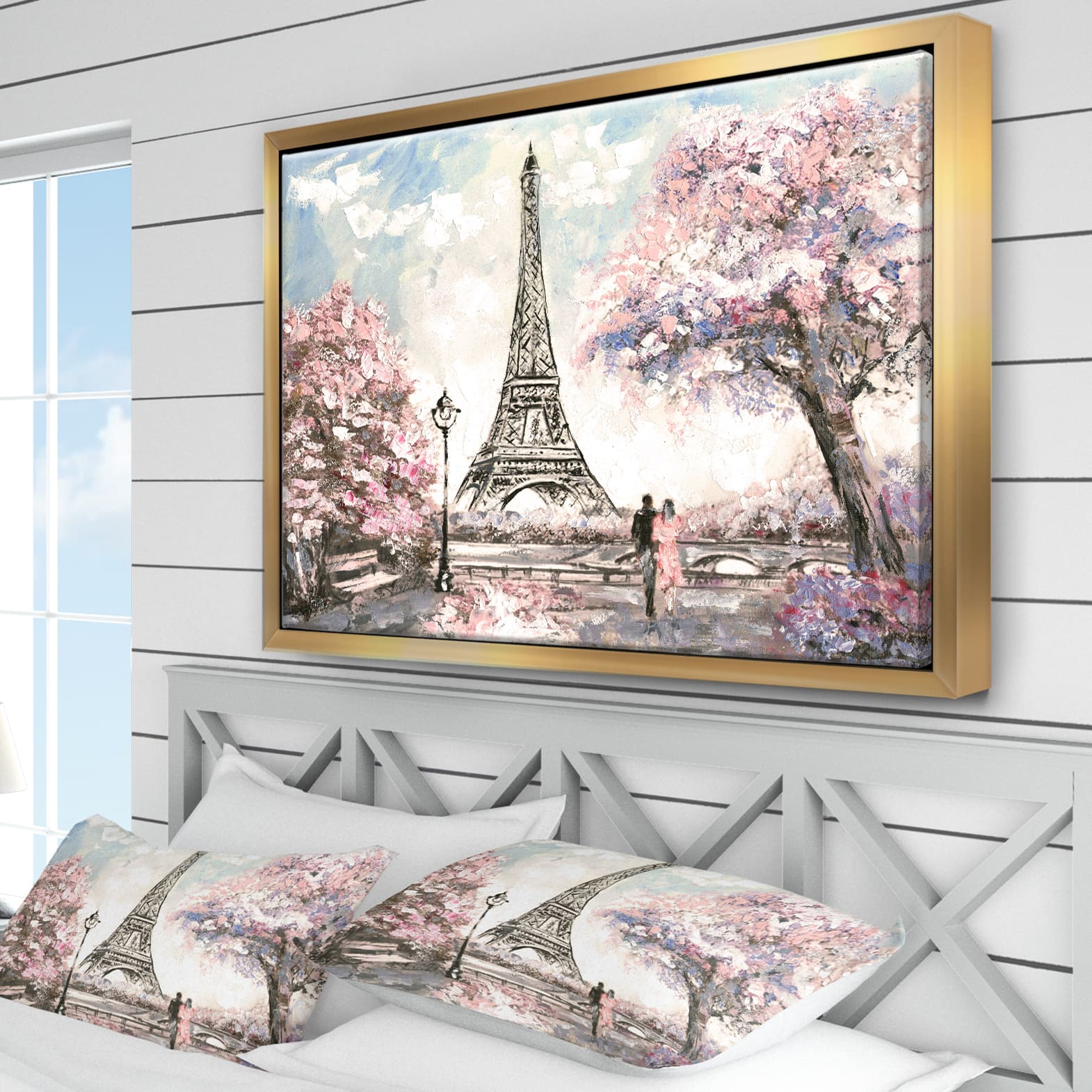 Designart - Eiffel with Pink Flowers - Landscape Framed Canvas Art Print