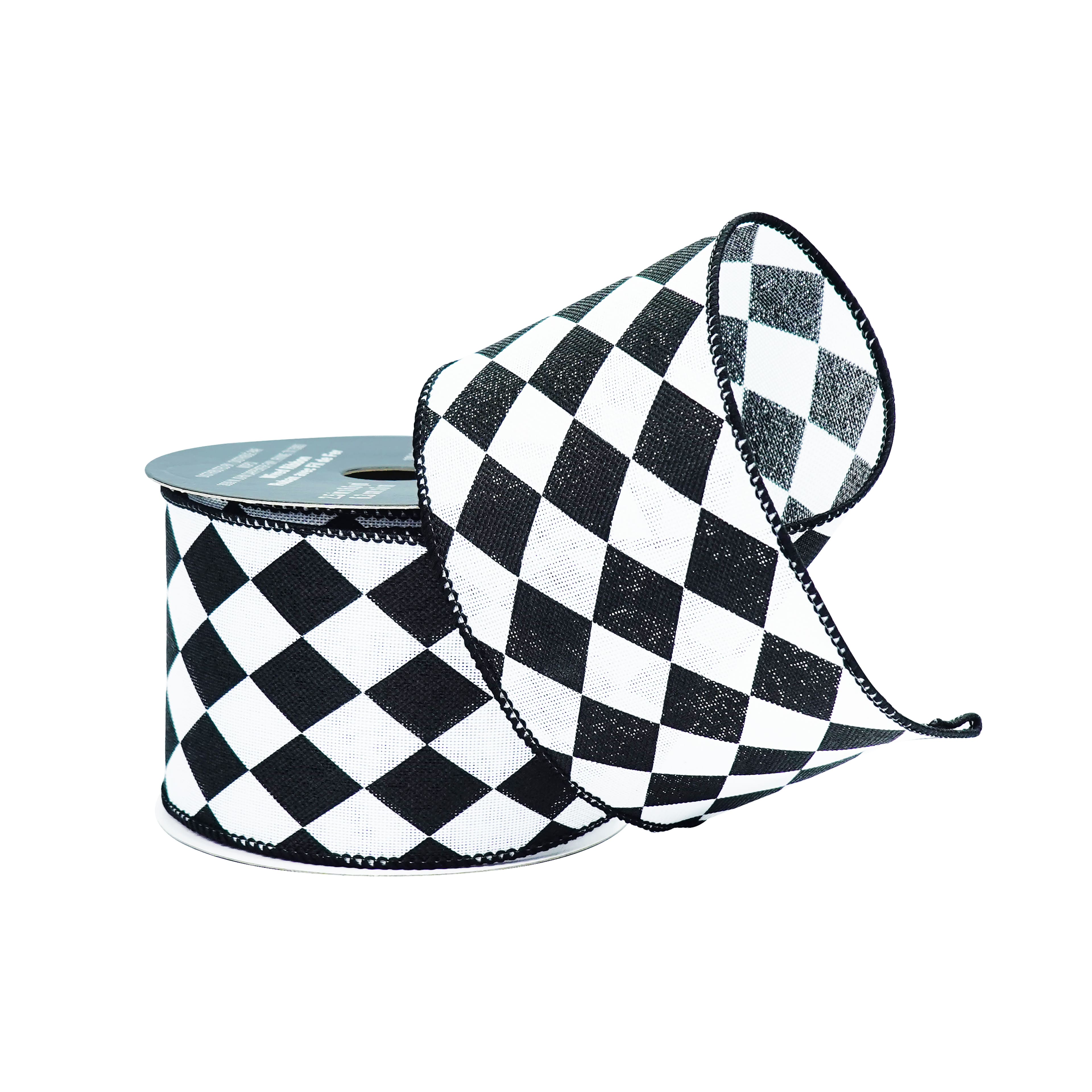 2.5" x 6.6yd. Black & White Diamond Wired Faux Linen Ribbon by Celebrate It®