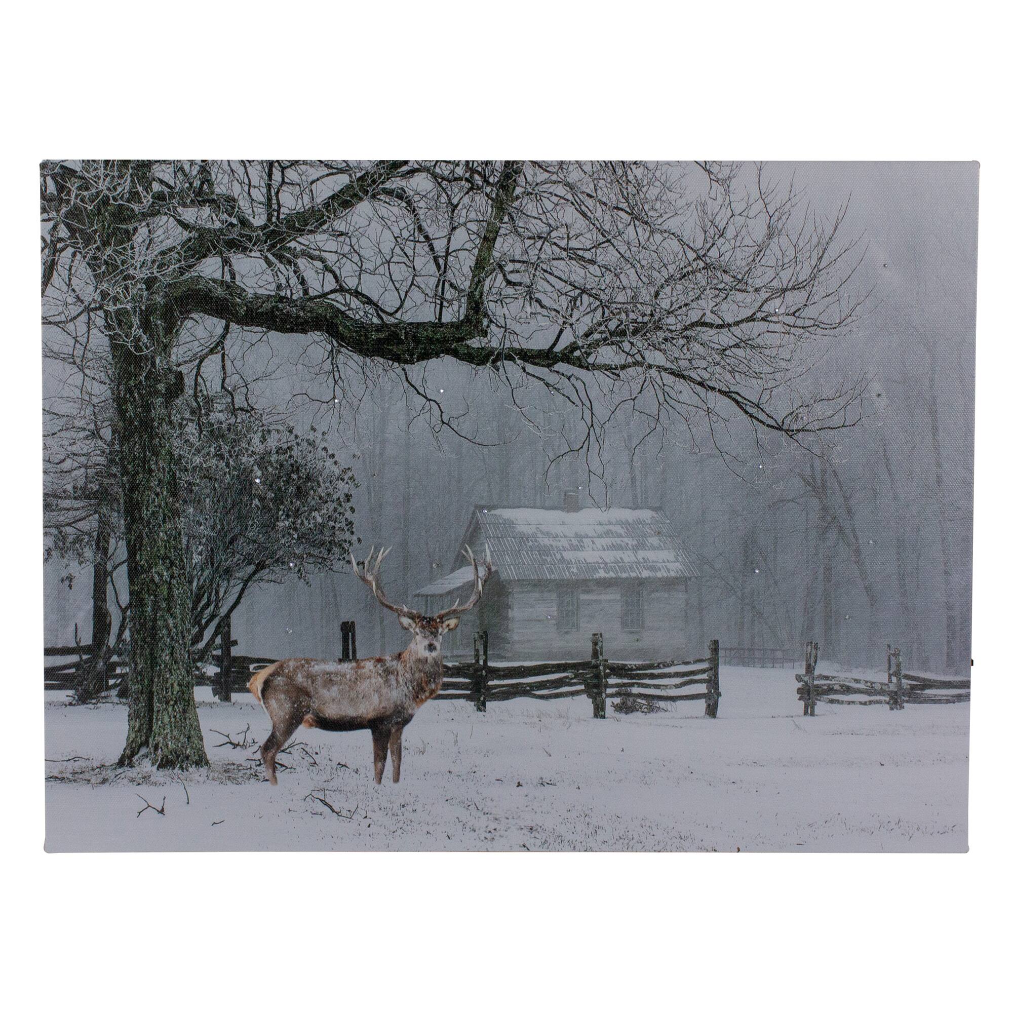 Lighted Winter Cottage Forest Scene Christmas Canvas Wall Art