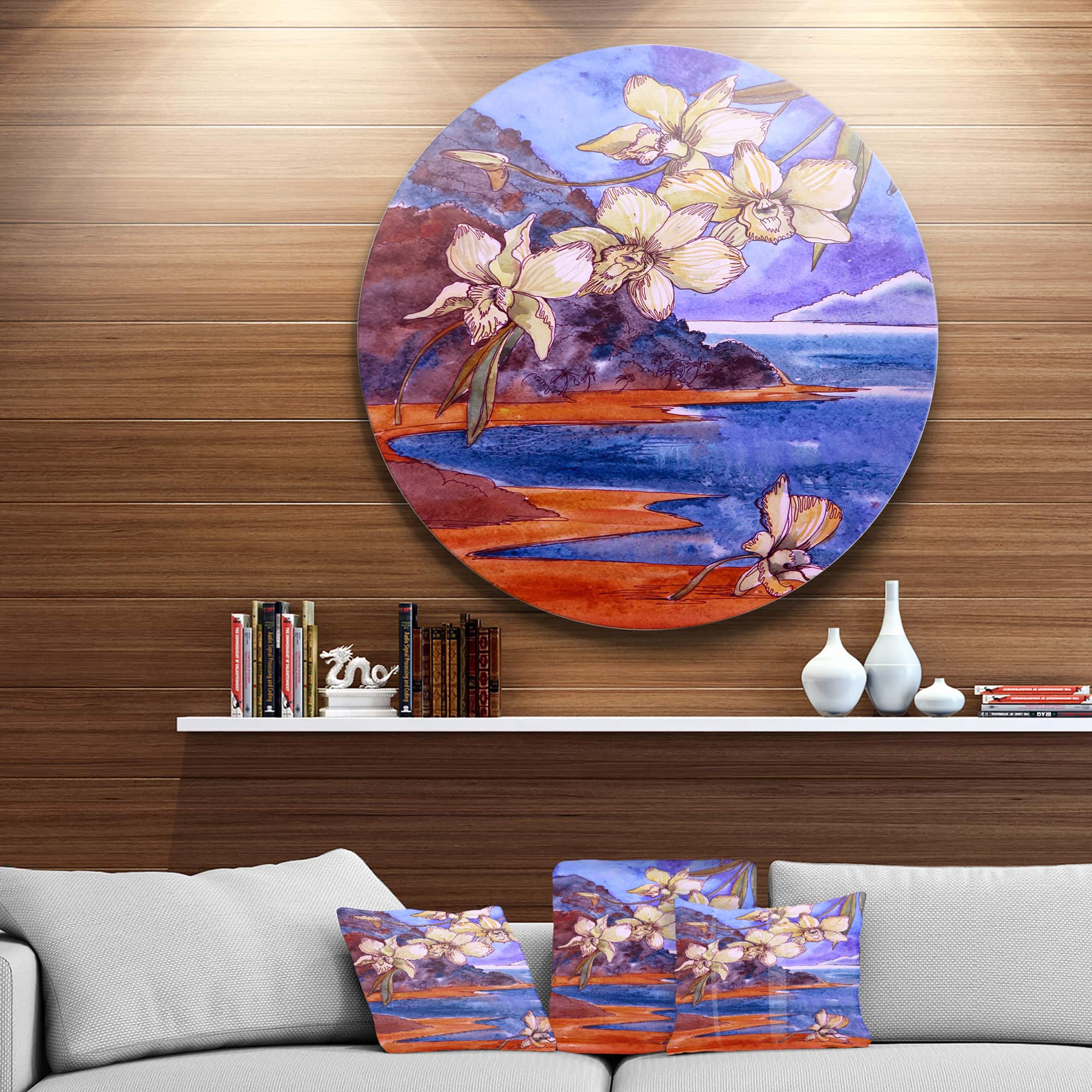Designart - White Orchid with Sea' Floral Circle Metal Wall Art