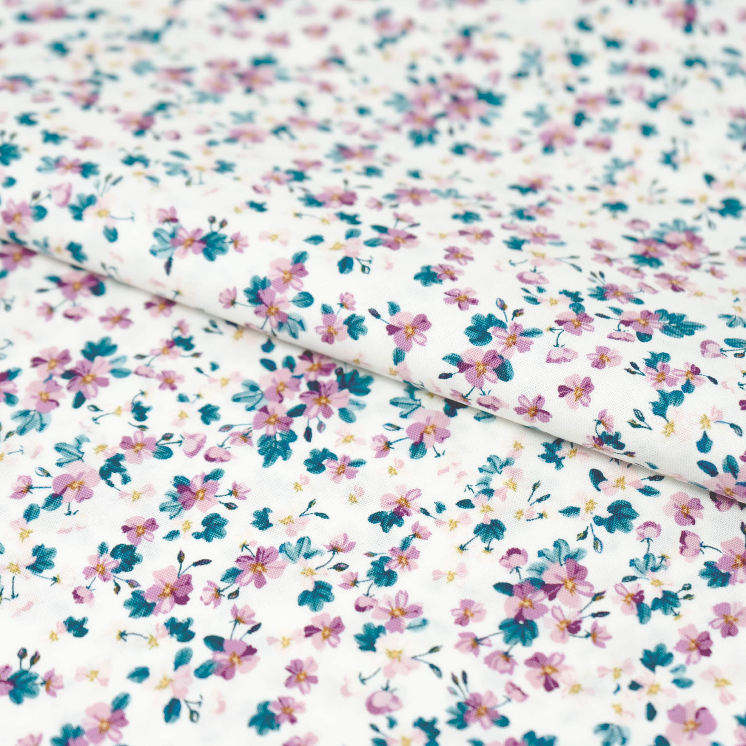 SINGER Purple Small Floral on White Cotton Fabric