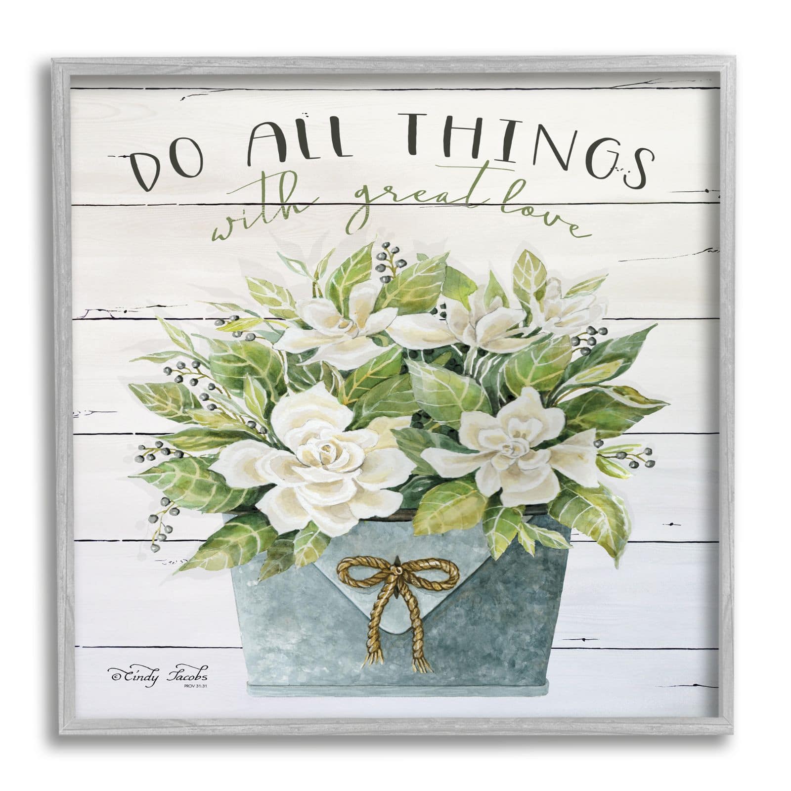 Stupell Industries Do All Things With Great Love Floral Magnolia Pail Planked Look Framed Wall Art