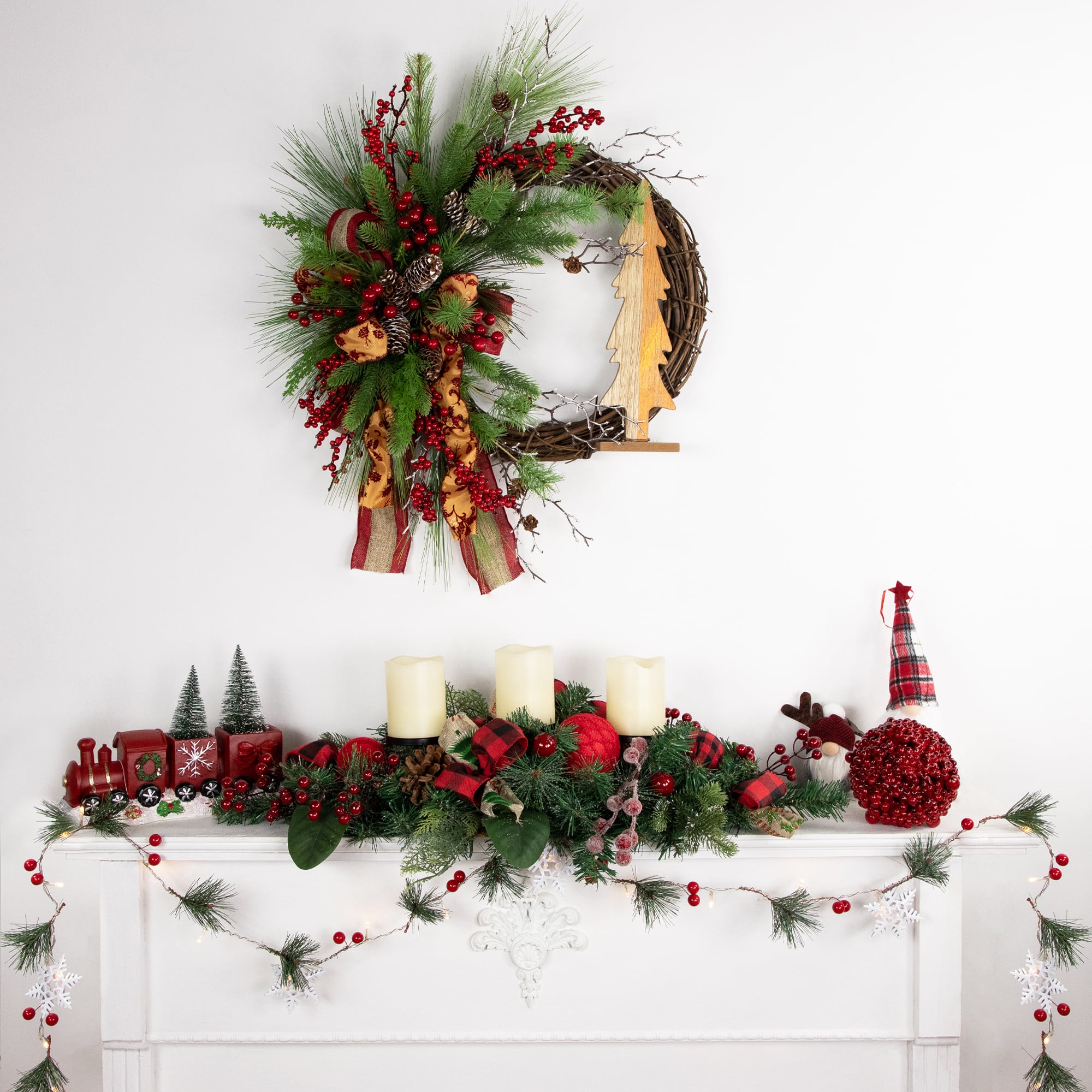 30" Green Pine Triple Candle Holder With Bows & Plaid Christmas Ornaments