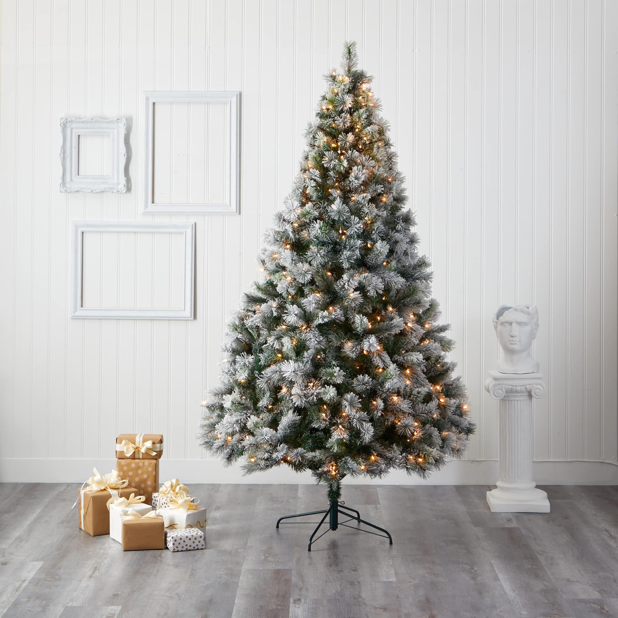 8ft. Pre-Lit Flocked Oregon Pine Artificial Christmas Tree, Clear LED Lights