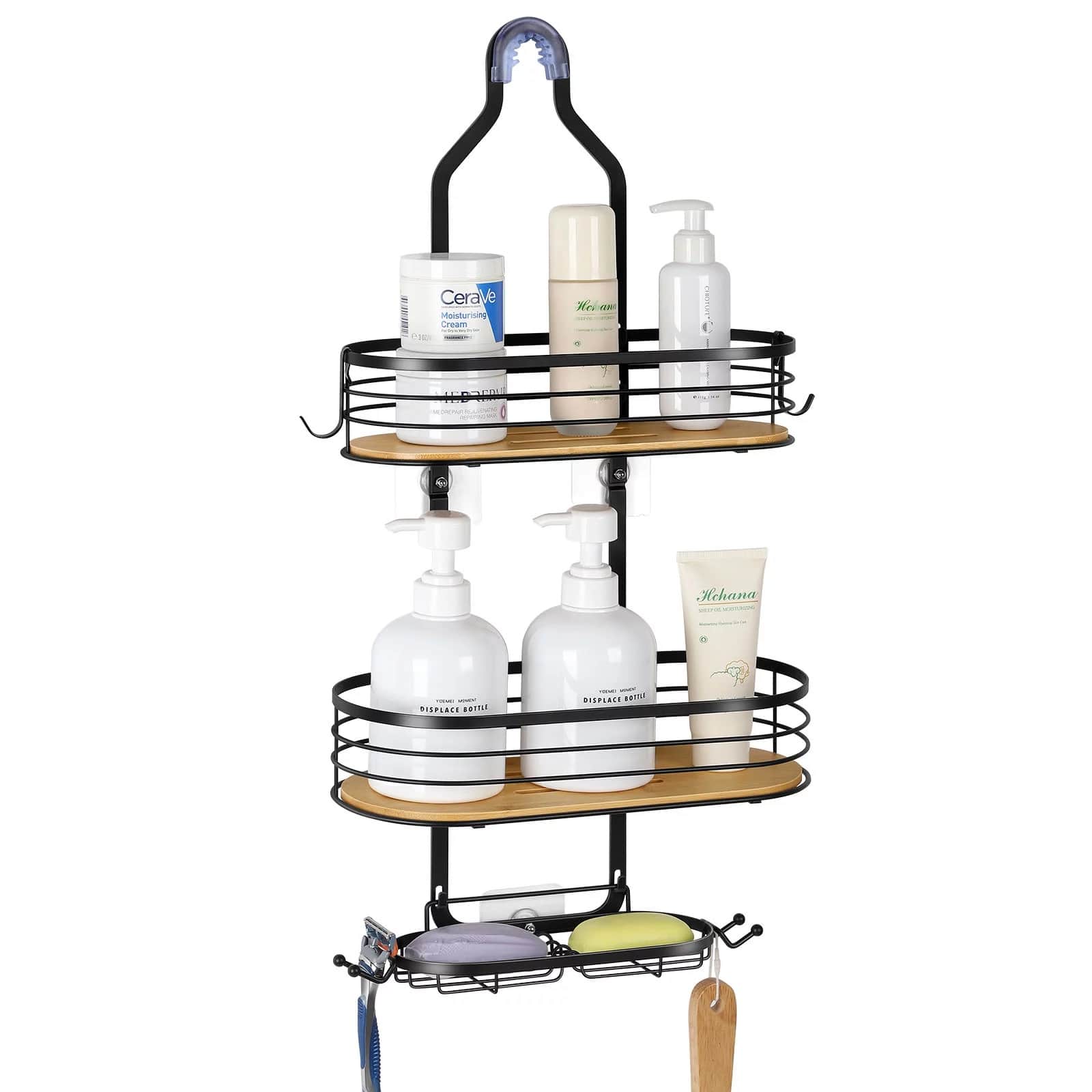 NEX™ Black Stainless Steel & Bamboo Hanging Caddy Shower Organizer with Hooks