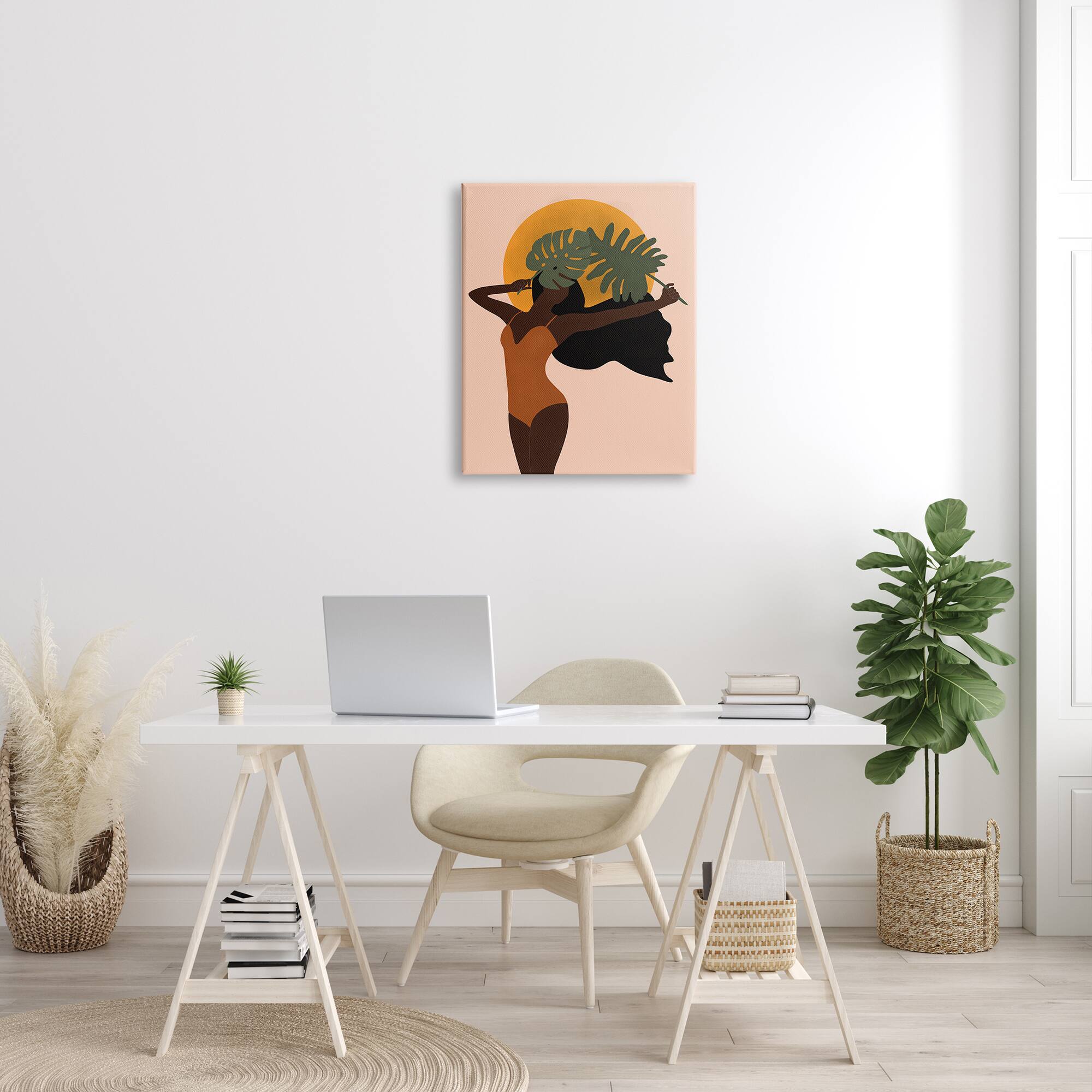 Stupell Industries Female Holding Tropical Monstera Leaf under Sun Canvas Wall Art