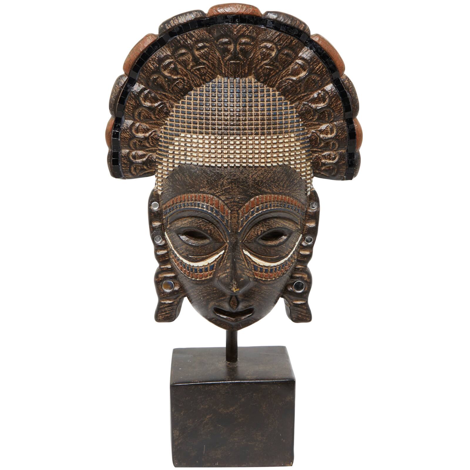 14" Brown Primitive African Mask Sculpture