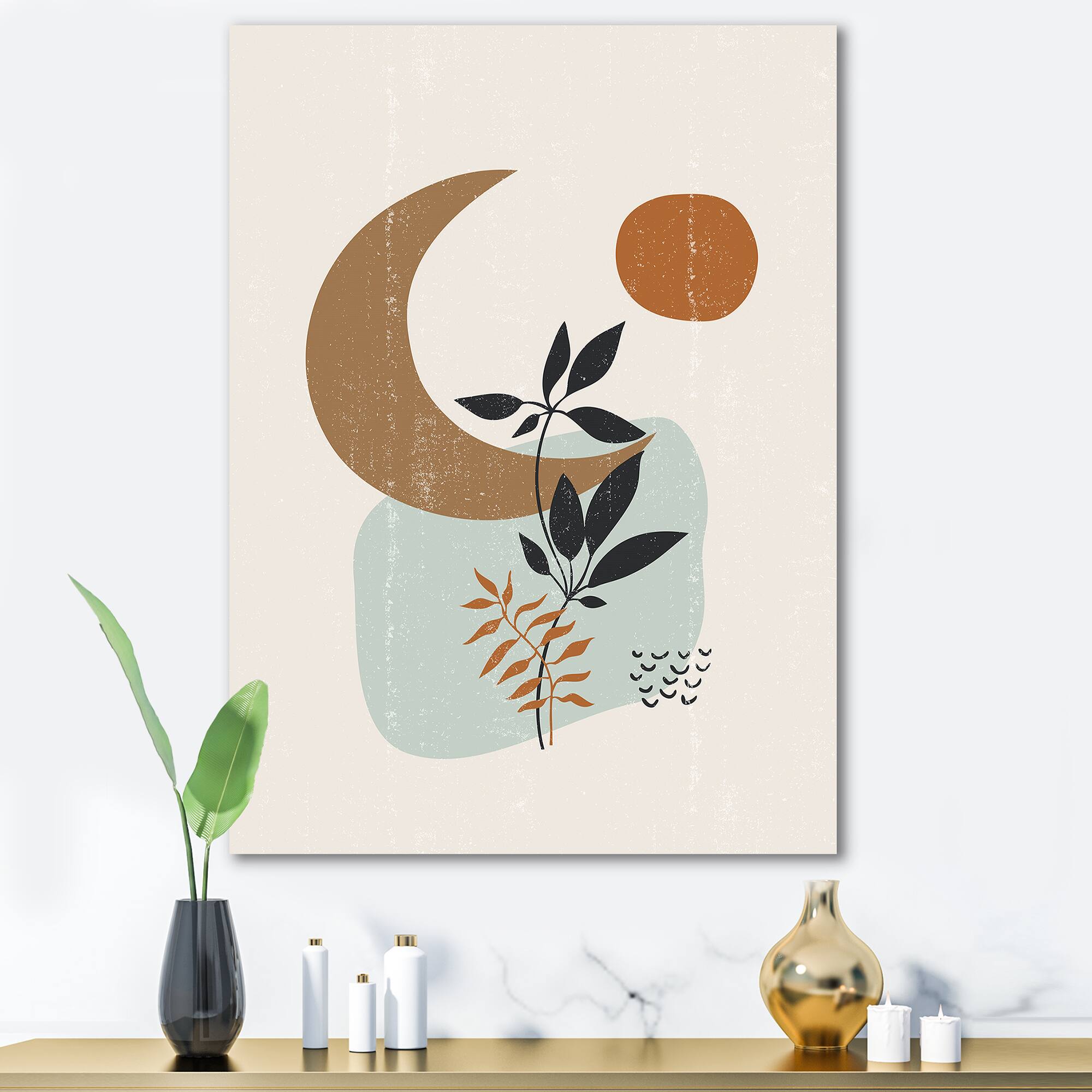 Designart - Abstract Sun & Moon With Minimal Plants - Modern Canvas Wall Art Print