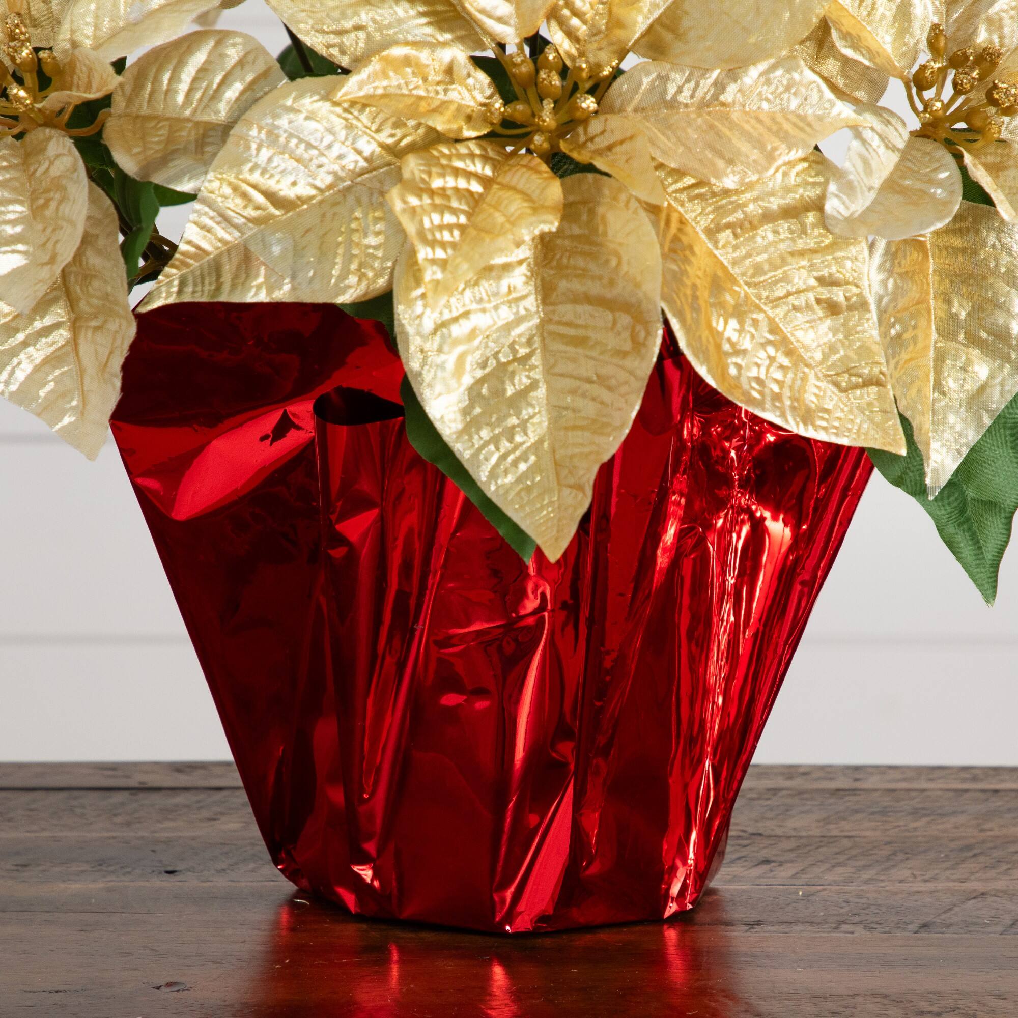 Nearly Natural 18" Gold Lush Velvet Artificial Poinsettia Arrangement in Red Wrapped Planter