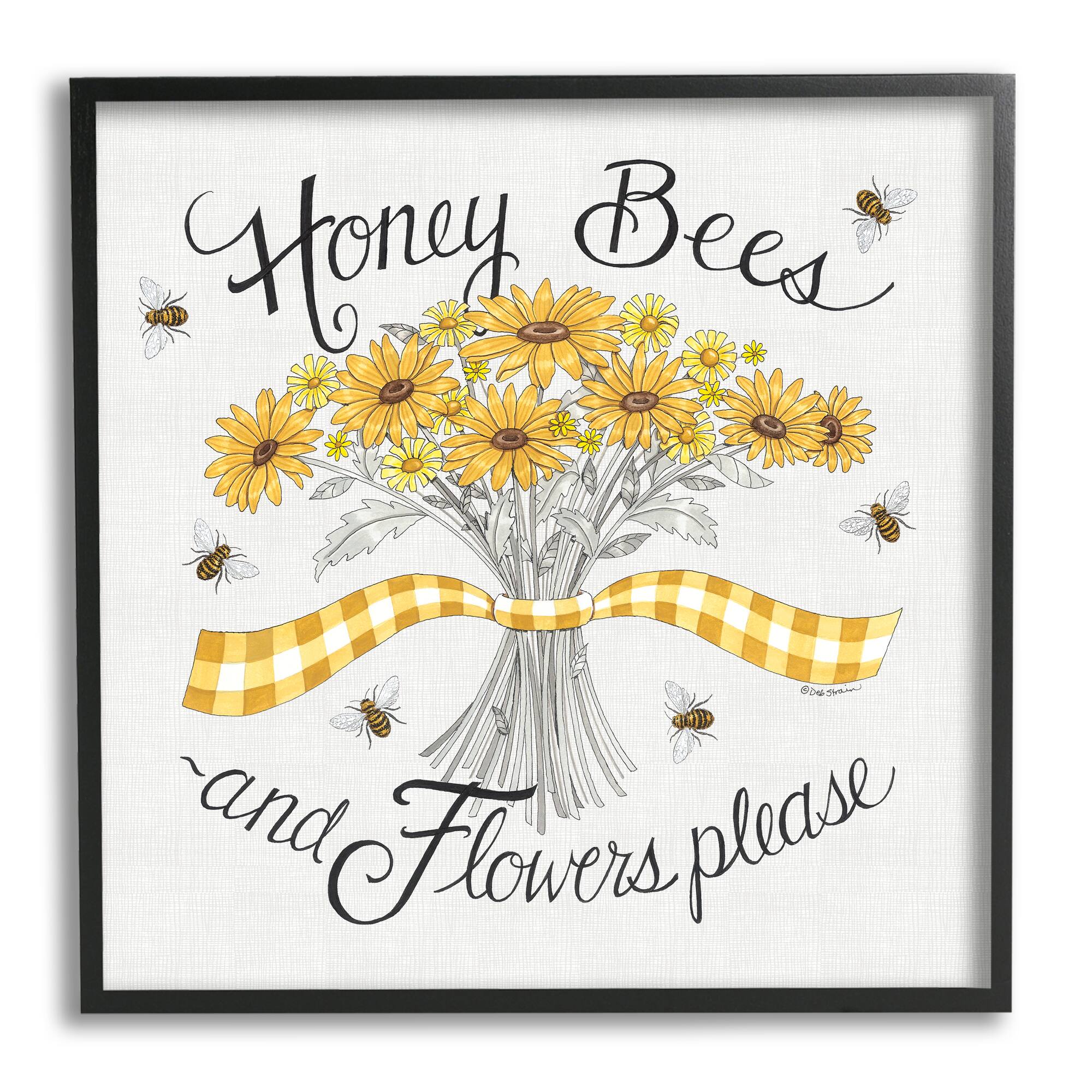 Stupell Industries Honey Bees Flowers Please Phrase Vintage Yellow Daisies Framed Wall Art
