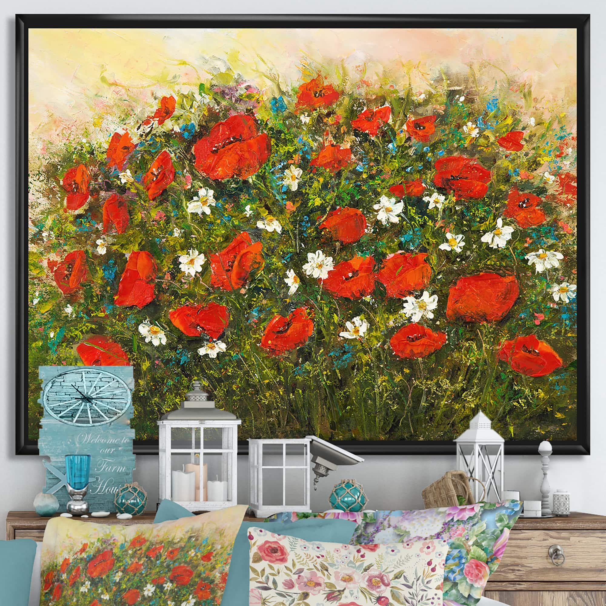 Designart - Blossoming Red Flower Fields - Farmhouse Canvas Wall Art Print in Black Frame