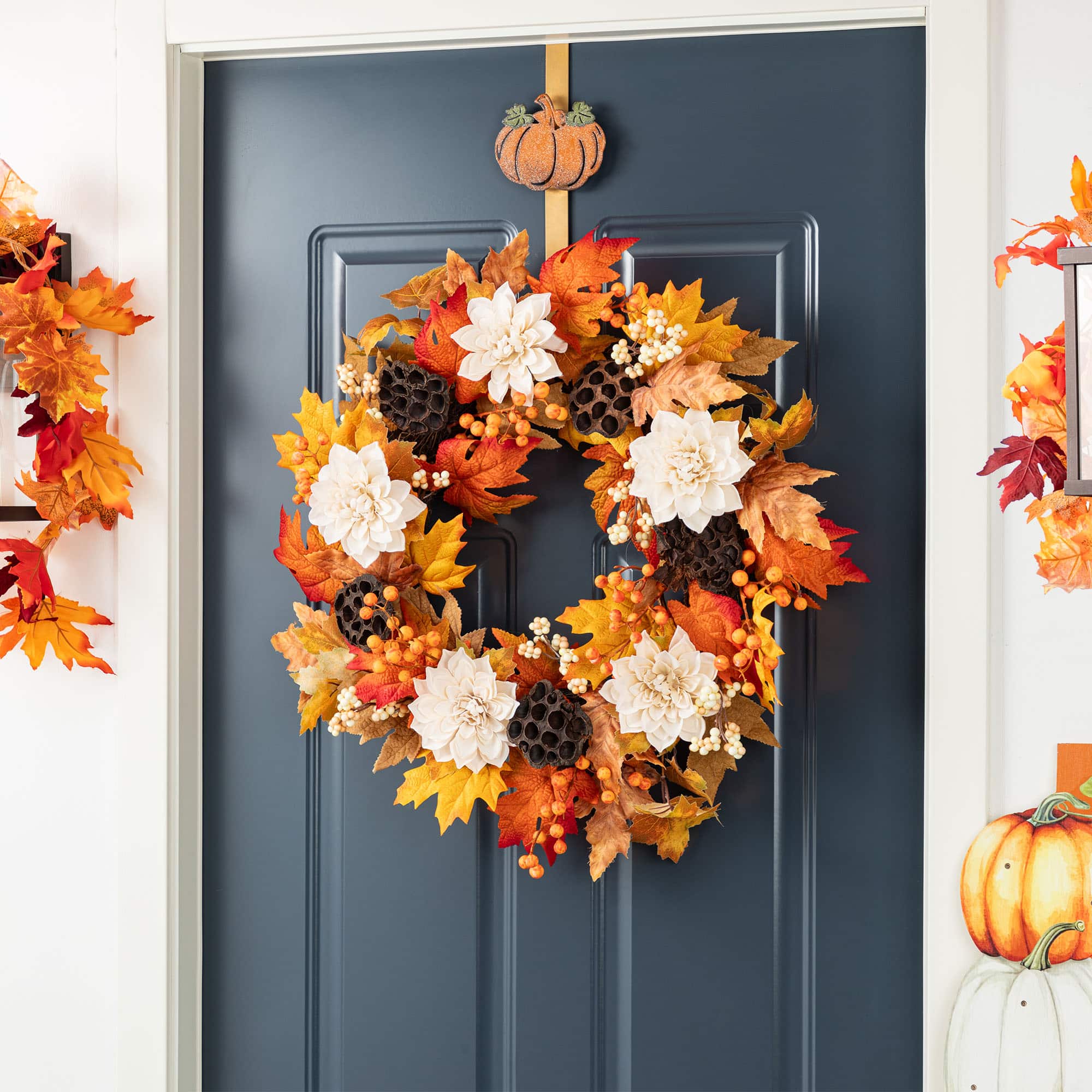 Glitzhome® 24" Fall Dahlia, Lotus Pod and Berry Wreath