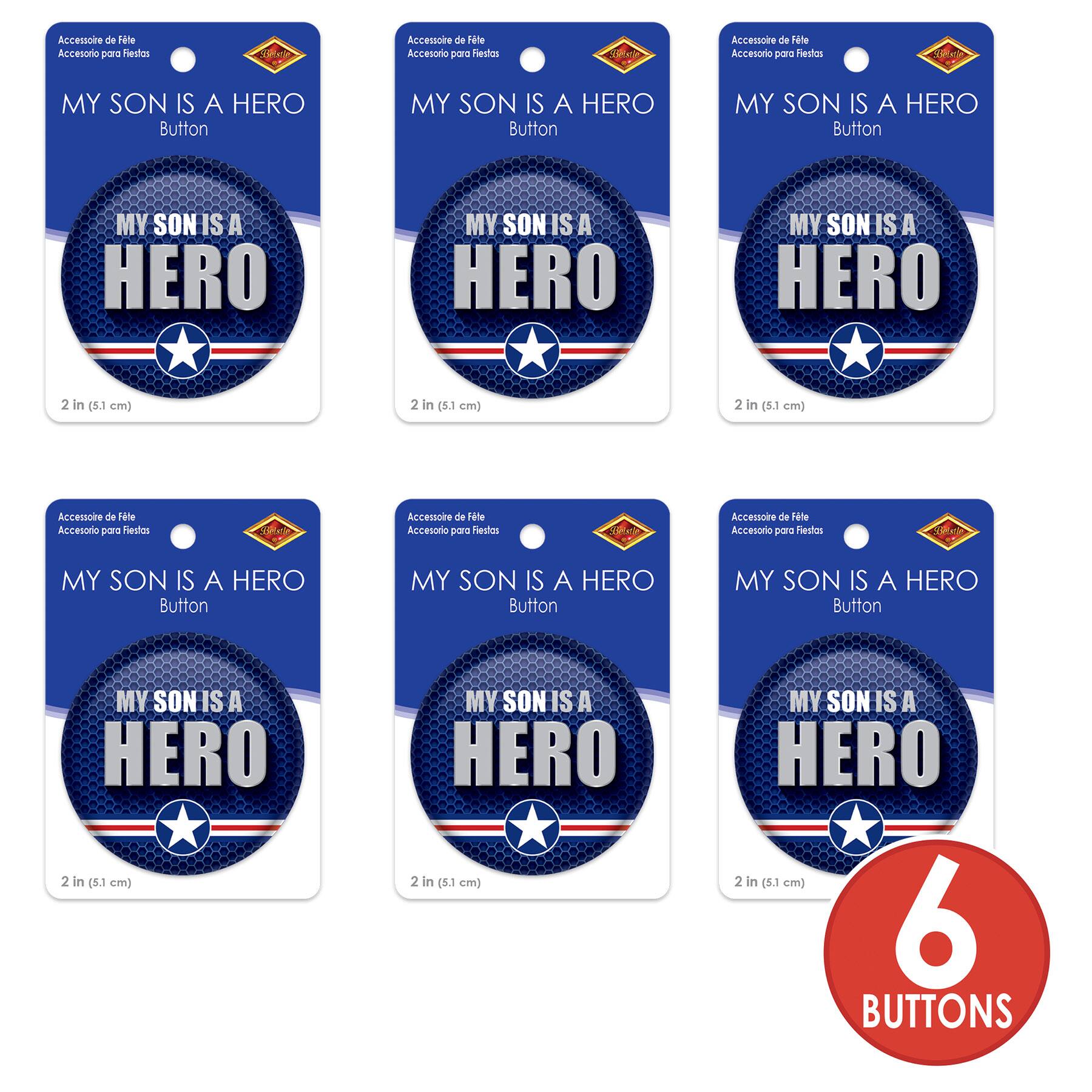 Beistle 2" Blue & Silver My Son Is A Hero Buttons, 6ct.