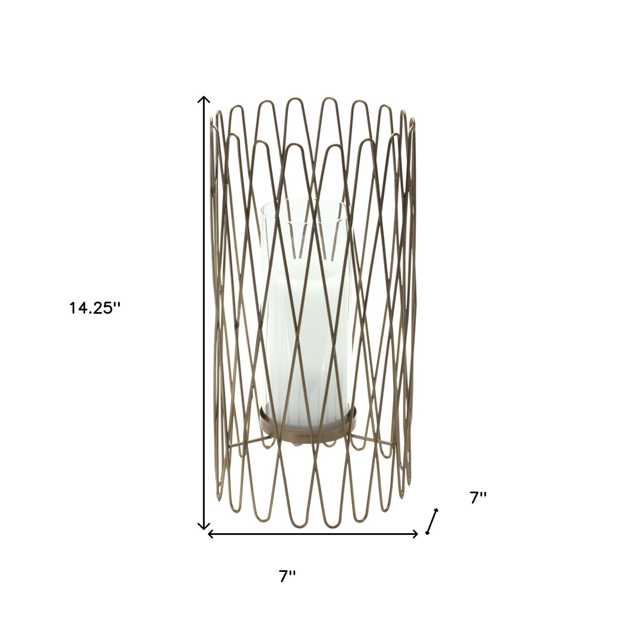 HomeRoots 14.25" Gold Iron & Glass Hurricane Candle Holder