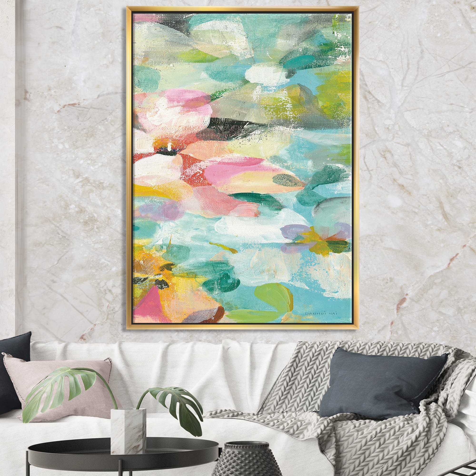 Designart - Handpainted Abstract Flowers in Blue and Pink - Cabin & Lodge Canvas in Gold Frame