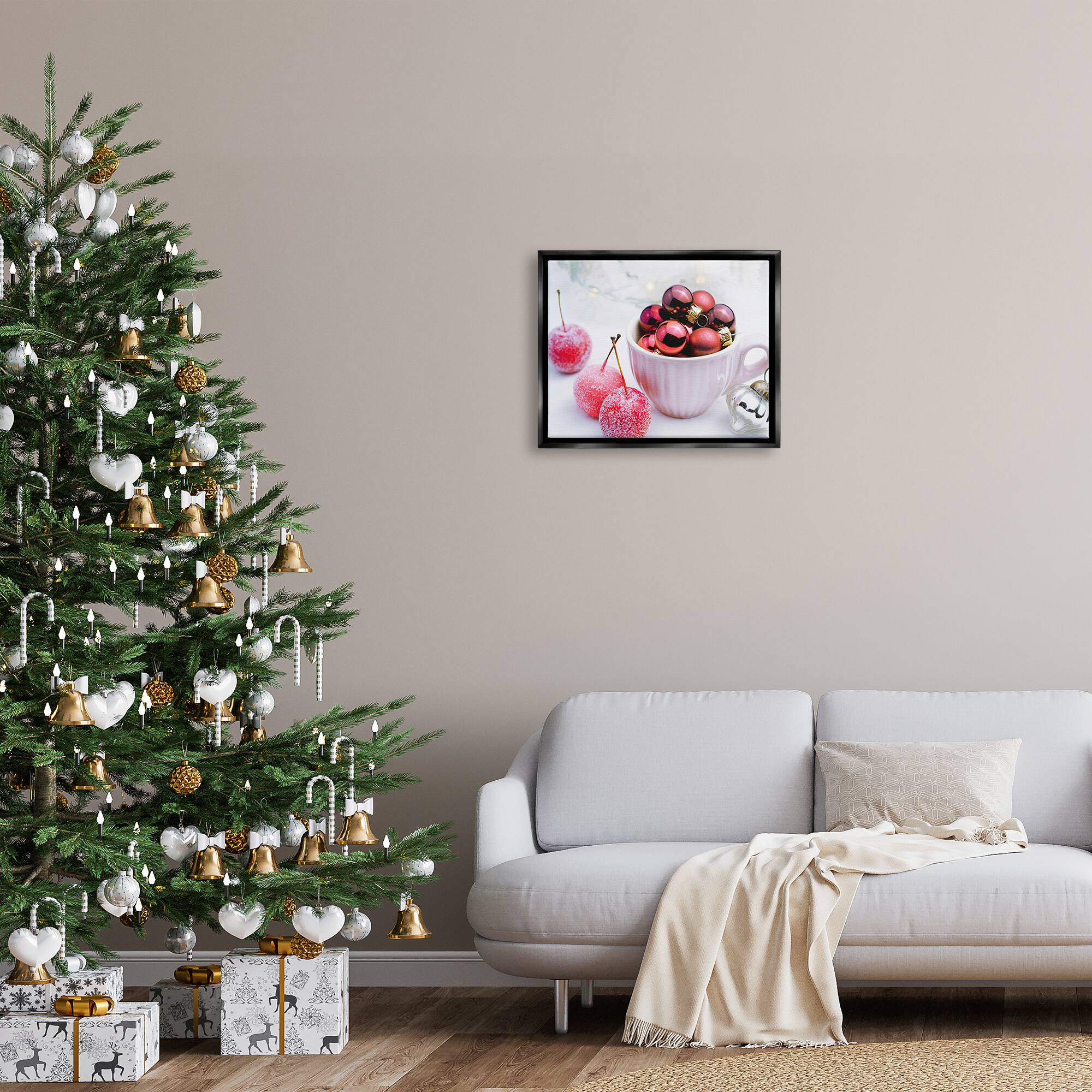 Stupell Industries Gleaming Red Christmas Ornaments Framed Floater Canvas Wall Art
