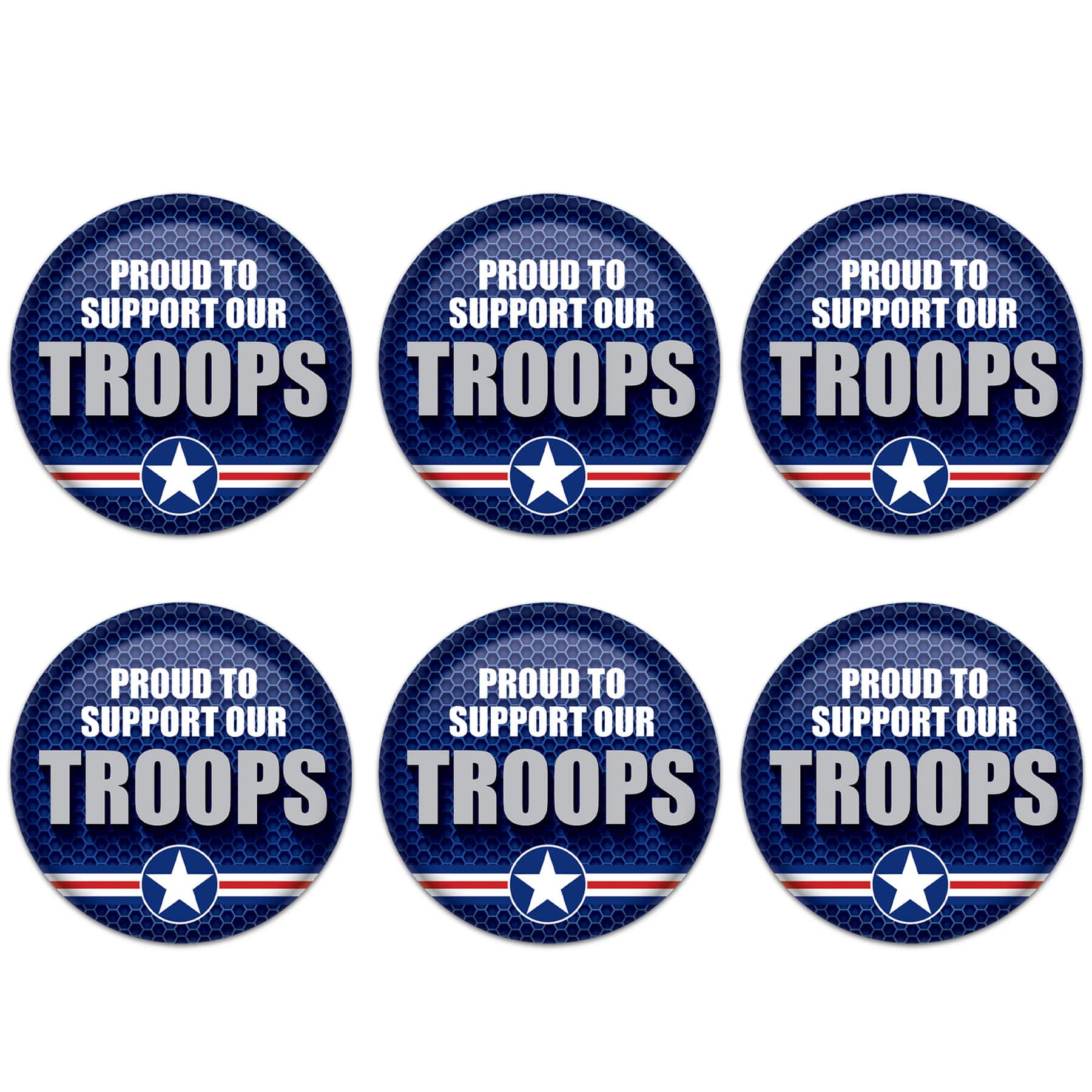 Beistle 2" Blue & Silver Proud To Support Our Troops Buttons, 6ct.