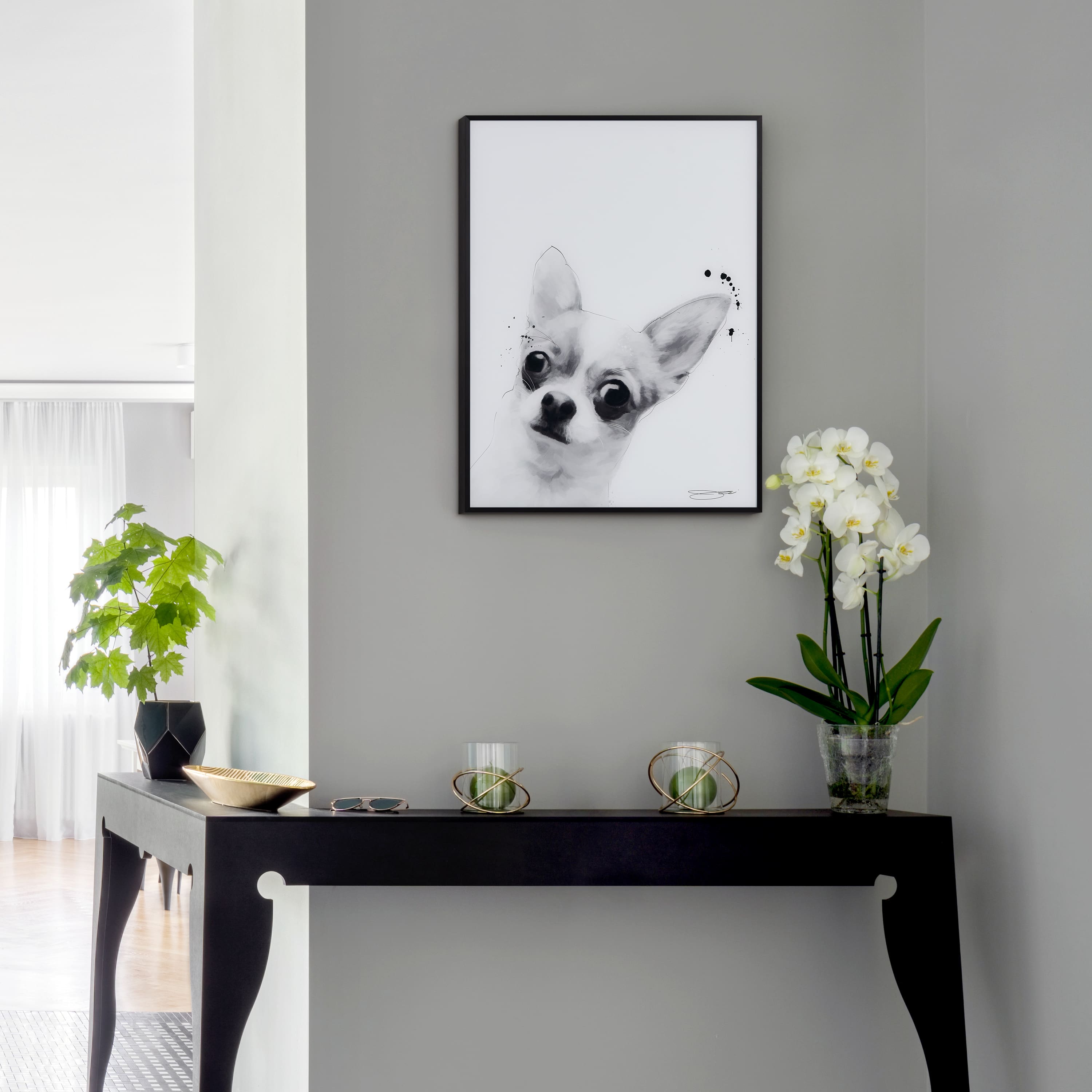 Empire Art Direct 24" x 18" Black & White Chihuahua Pet Reverse Printed Glass Frame Wall Art