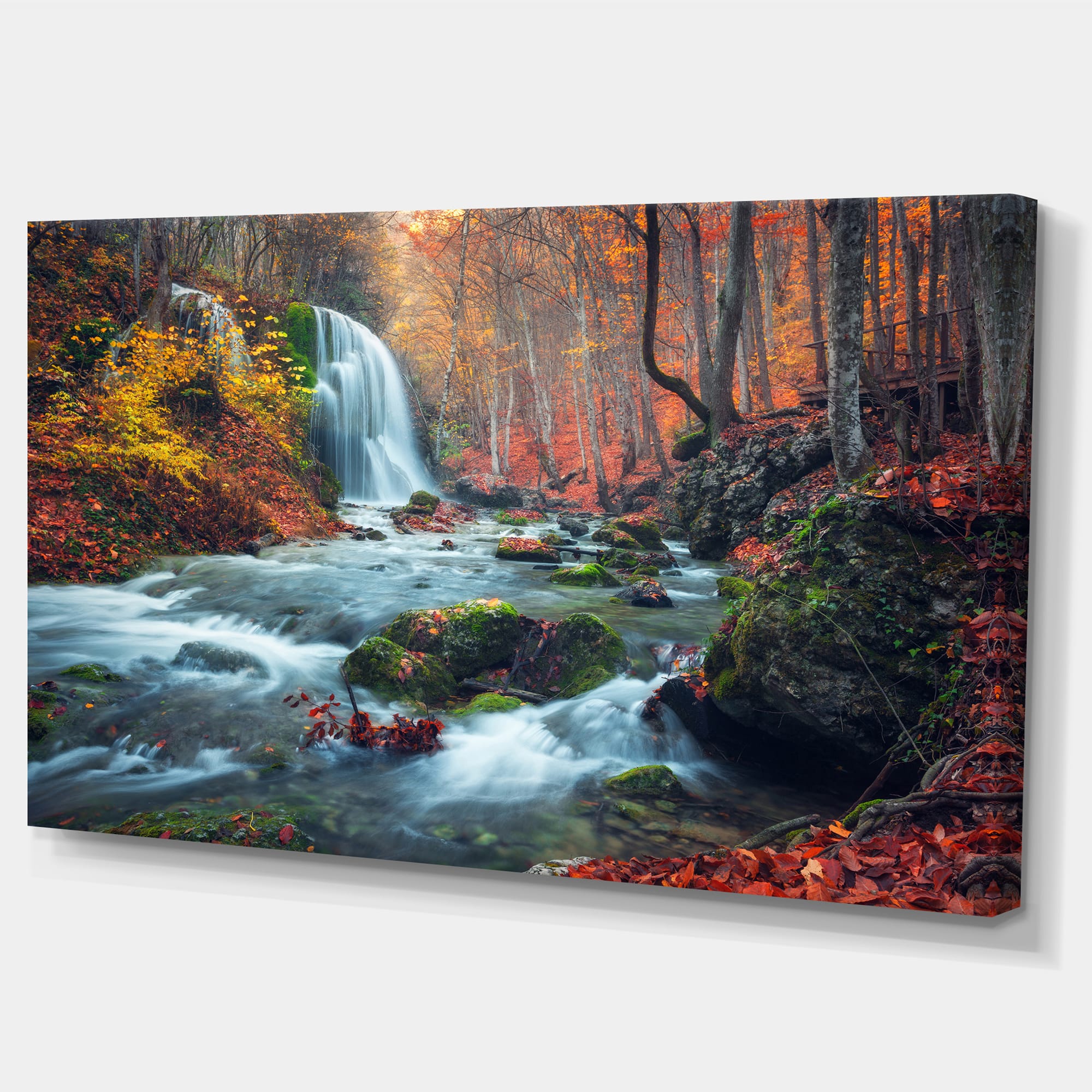Designart - Autumn Mountain Waterfall Long View - Landscape Photography Canvas Print