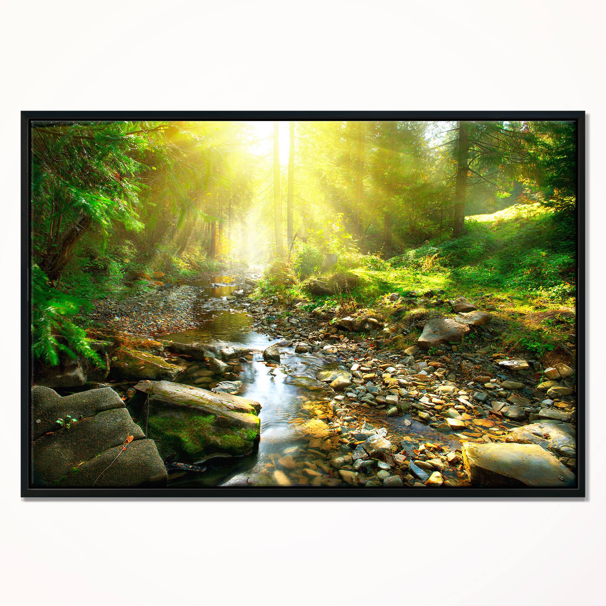 Designart - Mountain Stream in Forest - Landscape Photography Framed Canvas Print