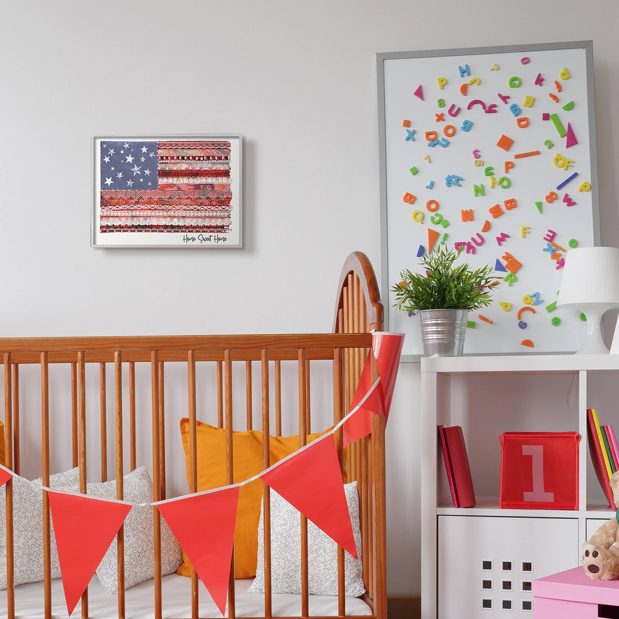Stupell Industries Home Sweet Home Phrase Lace Pattern American Flag in Gray Frame Wall Art