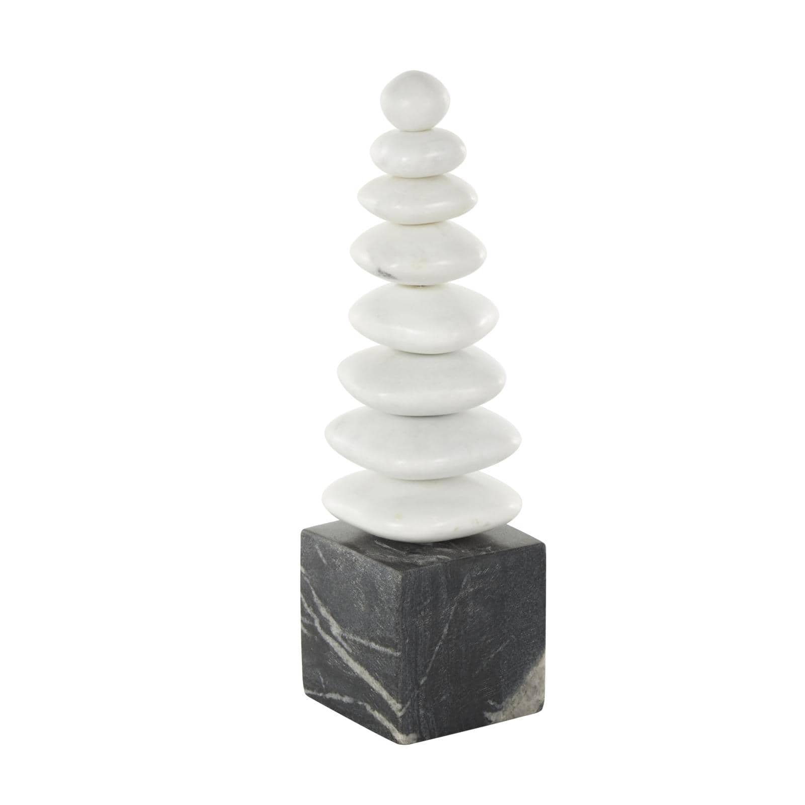 White & Black Abstract Stacked Stone Marble Sculpture with Block Base
