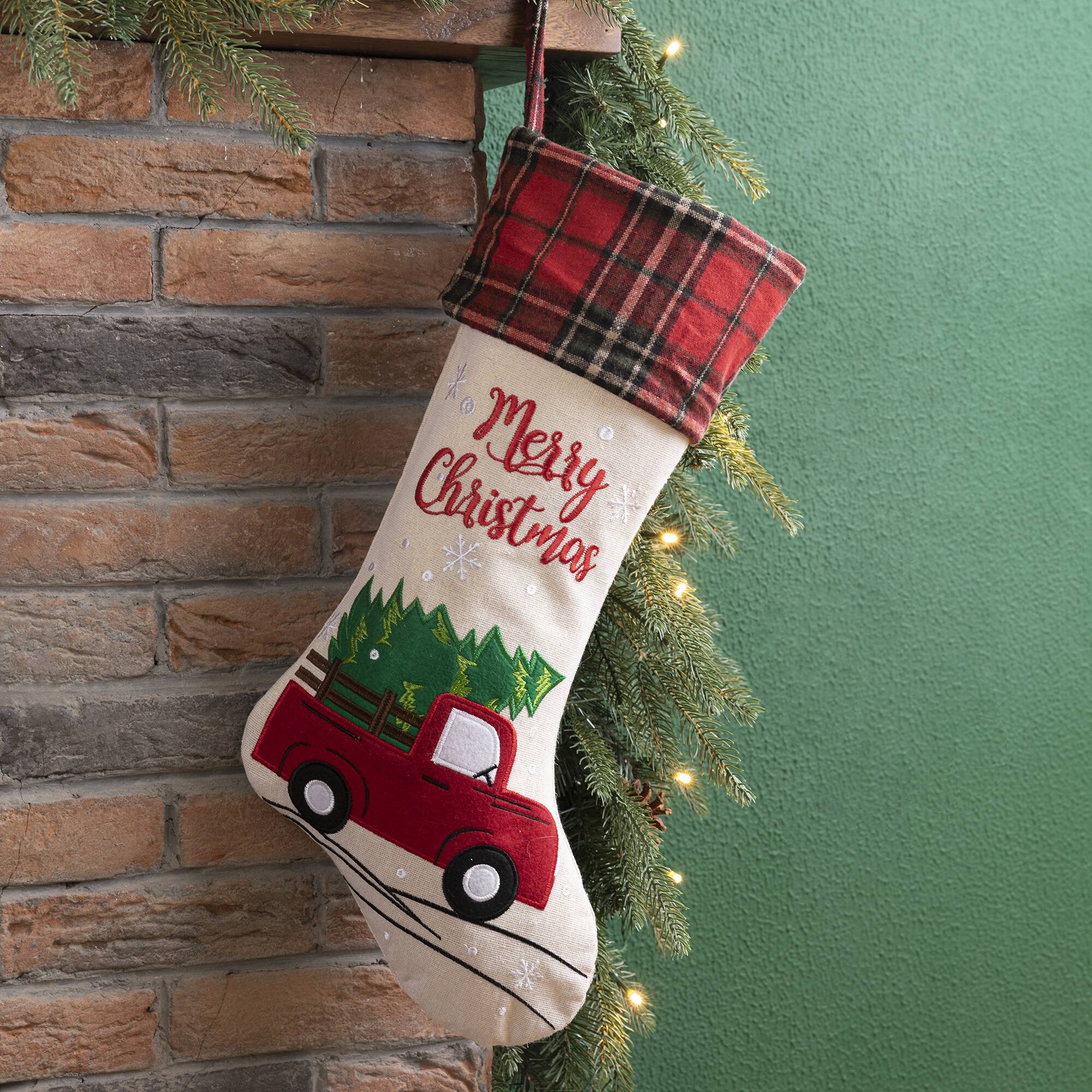 Glitzhome® 21" Embroidered Red Truck Linen Christmas Stocking