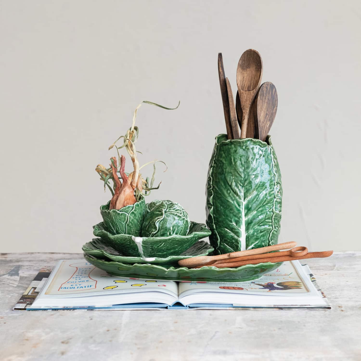 Hello Honey® 8.25" Green Hand Painted Embossed Stoneware Cabbage Vase