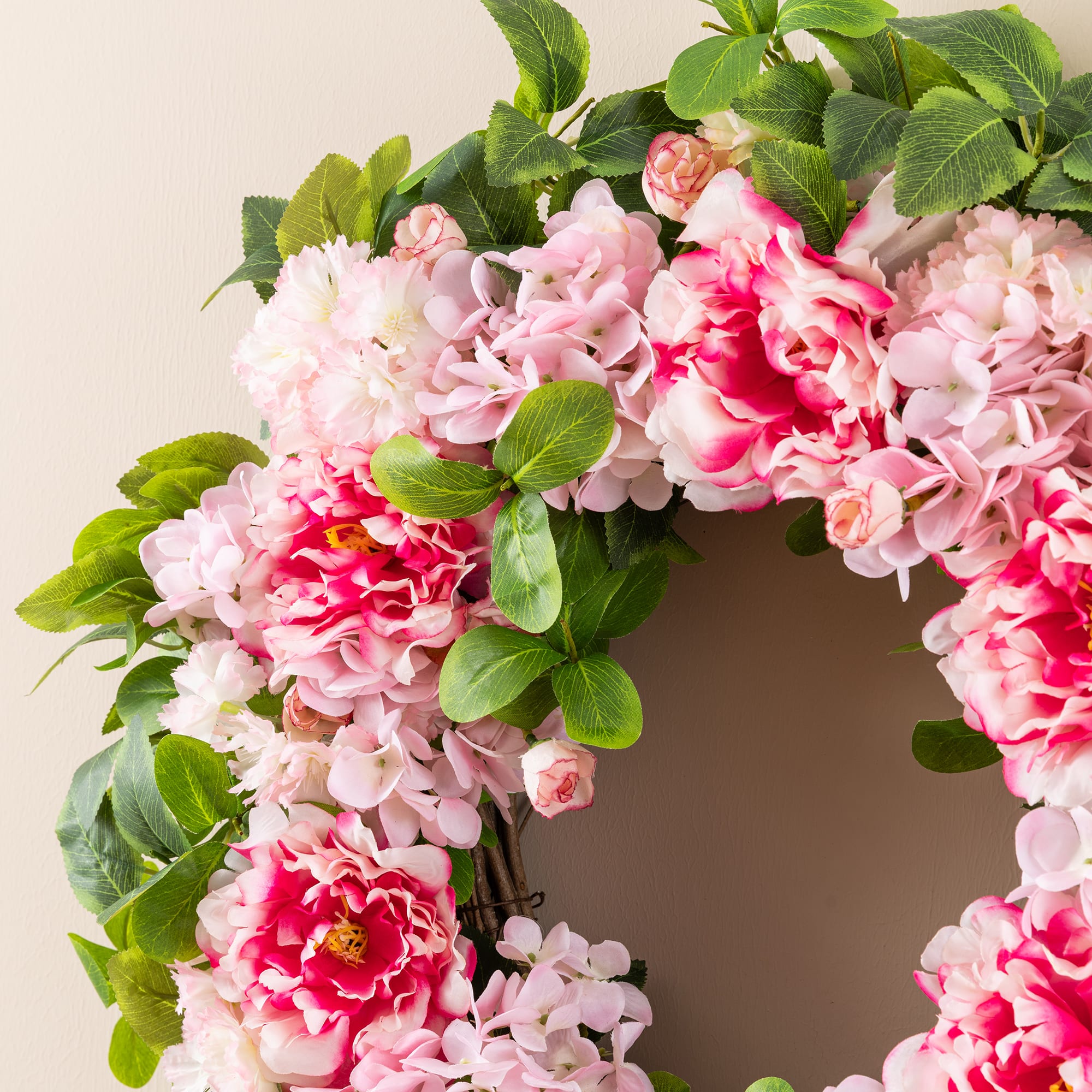 Glitzhome® 24" Pink Hydrangea, Peony & Cherry Blossom Wreath with Black Metal Hanger