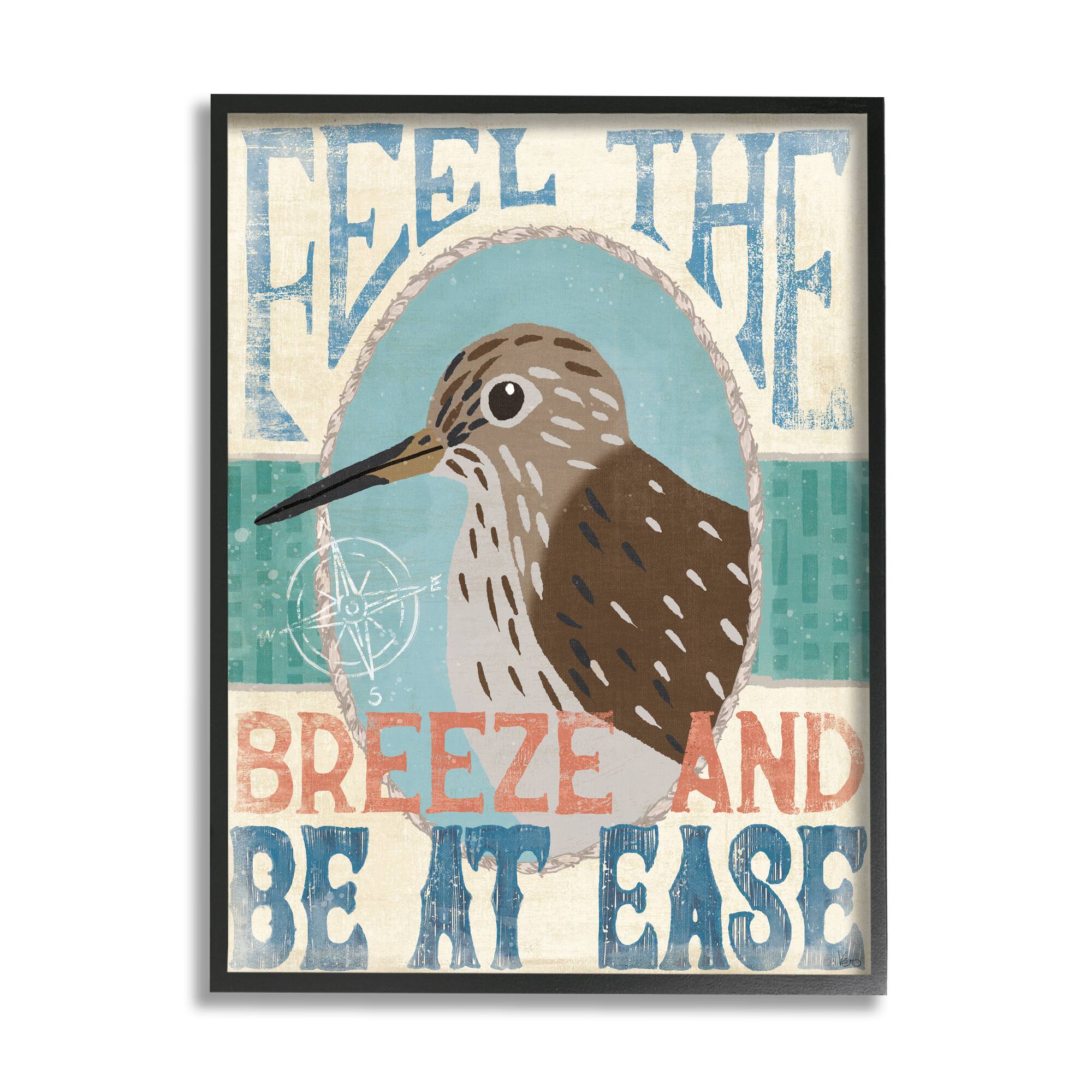 Stupell Industries Feel Breeze Be Ease Nautical Phrase Sandpiper Bird Framed Wall Art