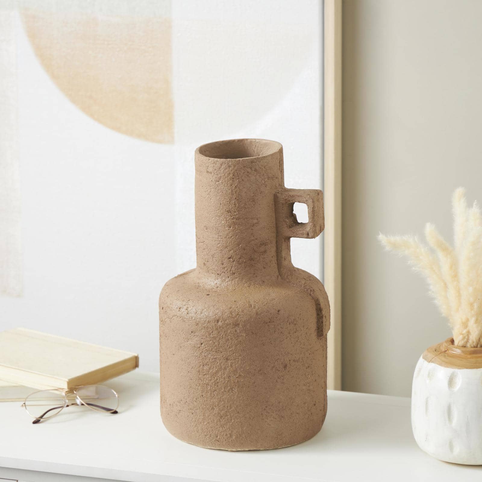 15.5" Brown Paper Mache Abstract Distressed Textured Vase with Geometric Handle