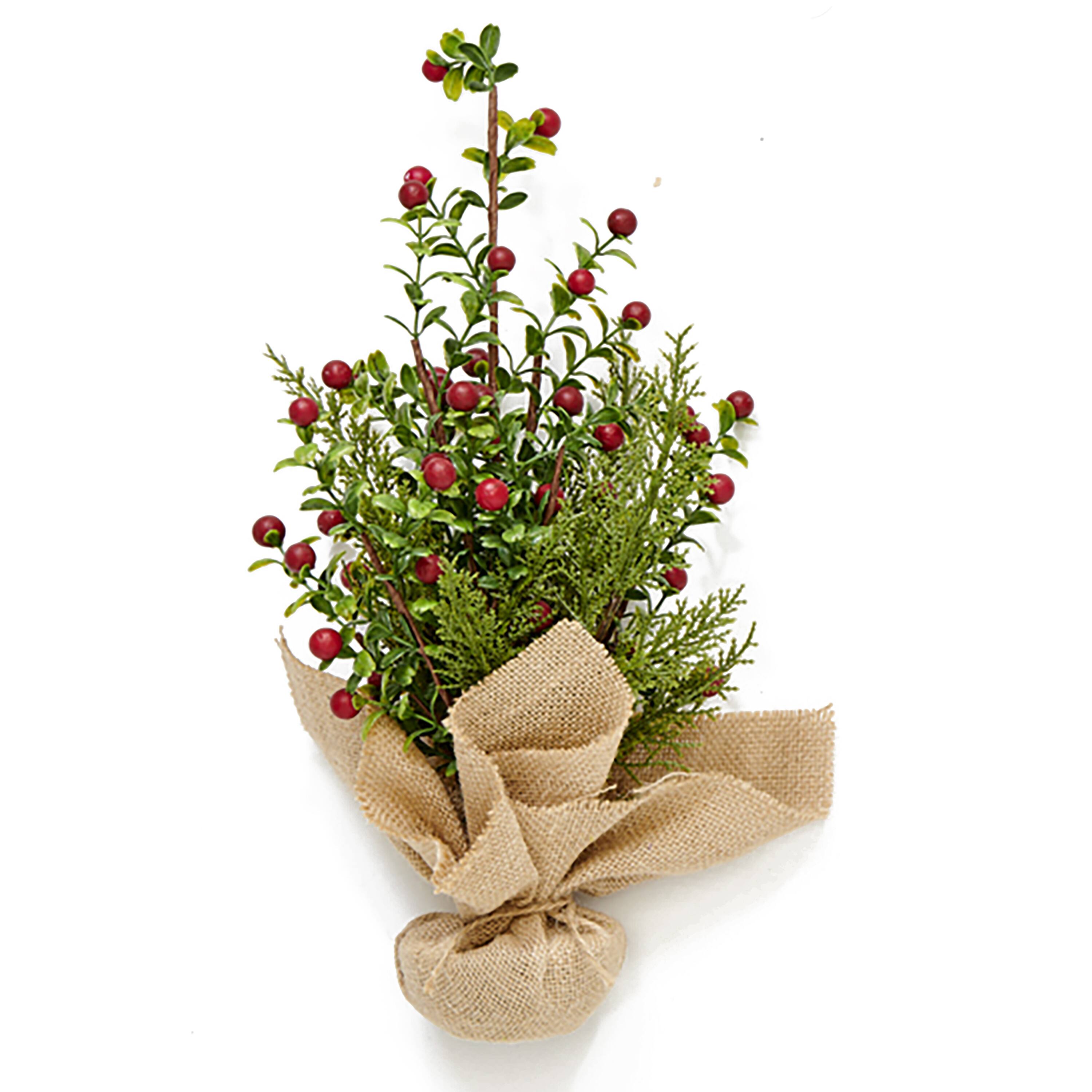 16" Mini Boxwood Pine & Berry Artificial Christmas Tree with Burlap Base, 2ct.