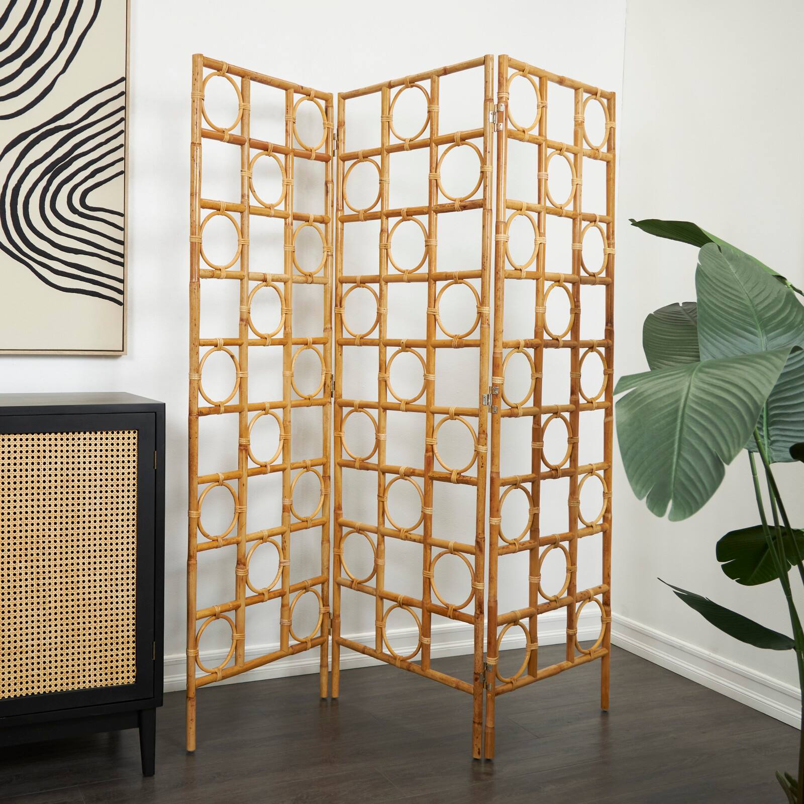 71" Brown Rattan Geometric Handmade Woven Geometric 3 Panel Room Divider