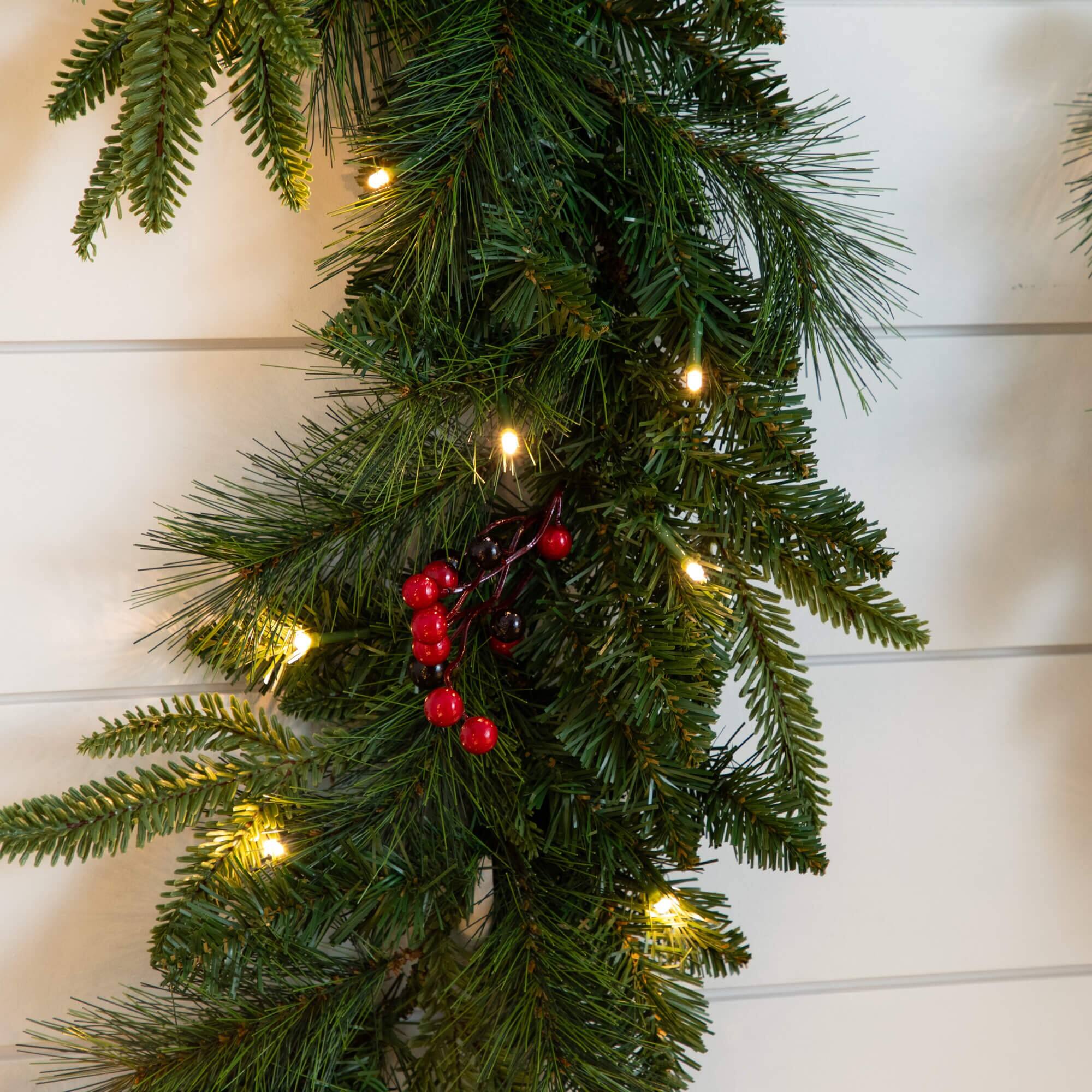 5 Piece Pre-Lit Norfolk Pine Artificial Tree, Garland and Wreath Set with Warm White LED Lights and Decorative Pots