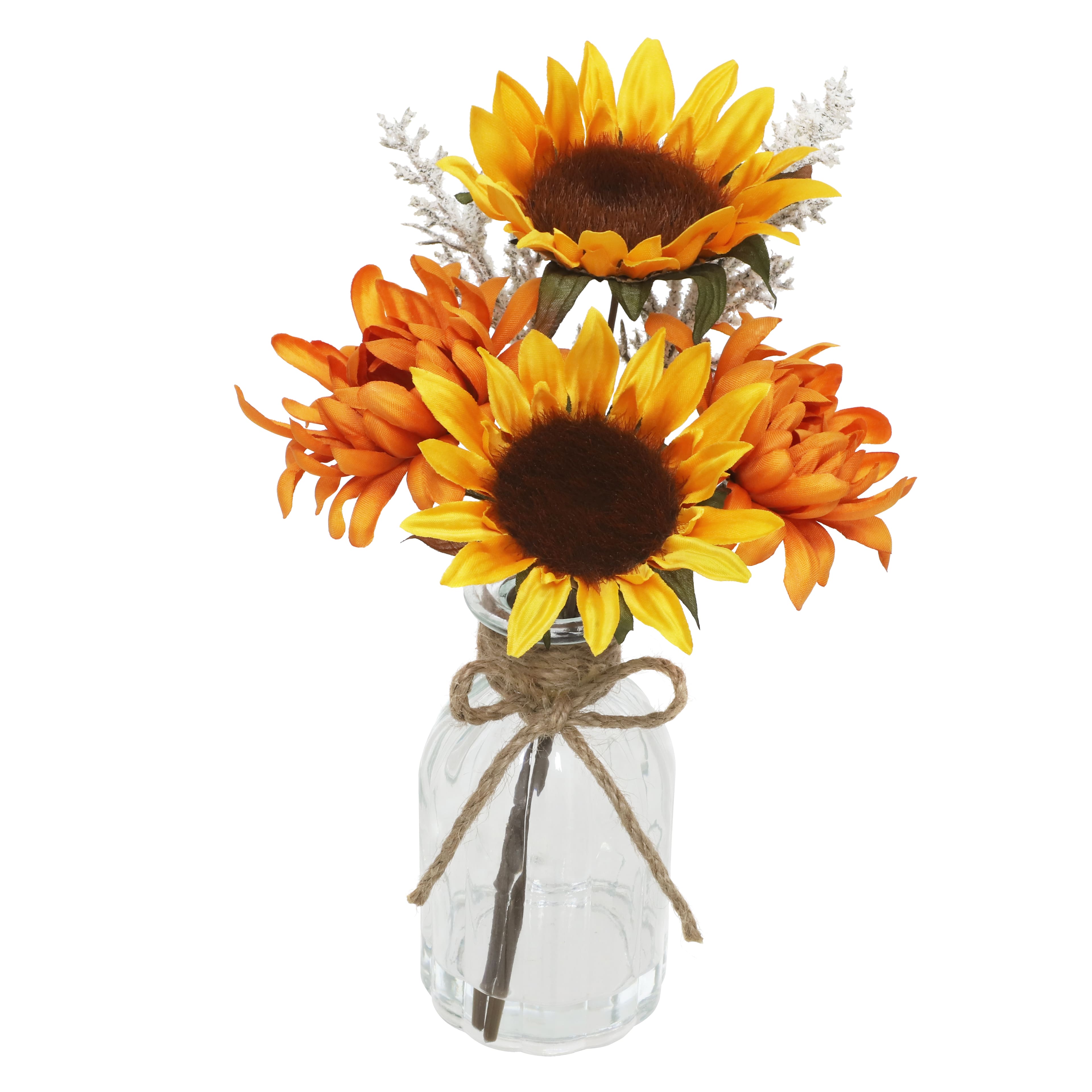 11" Premade Yellow & Orange Sunflower & Mum in Glass Bottle by Ashland®