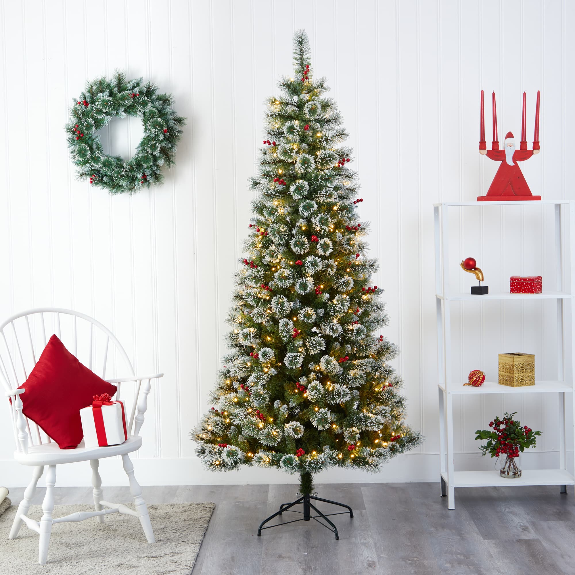 7ft. Pre-Lit Frosted Swiss Pine & Berries Artificial Christmas Tree with Clear LED Lights