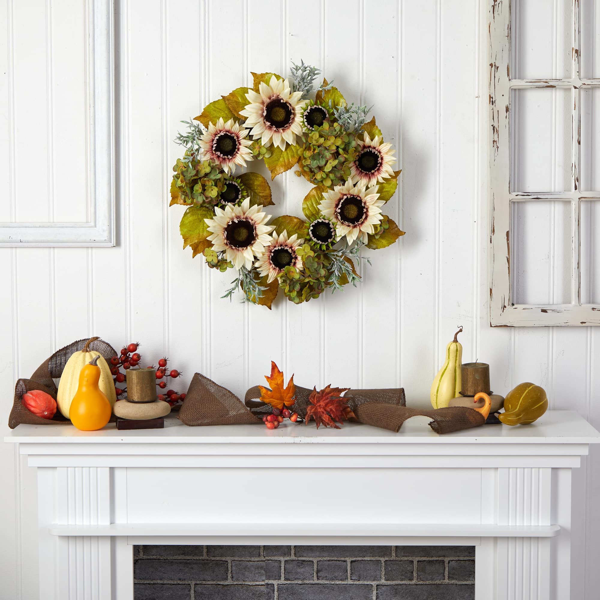24" White Sunflower & Hydrangea Artificial Autumn Wreath