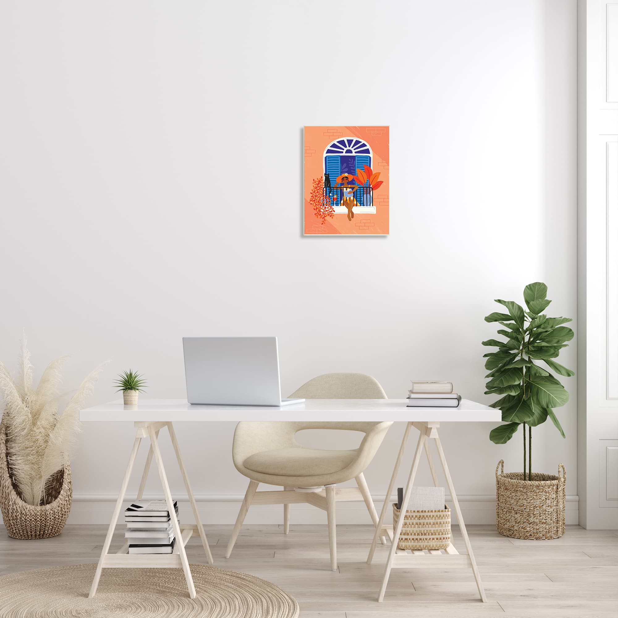 Stupell Industries Woman Reading Balcony Perched Cat Tropical Plants Wall Art