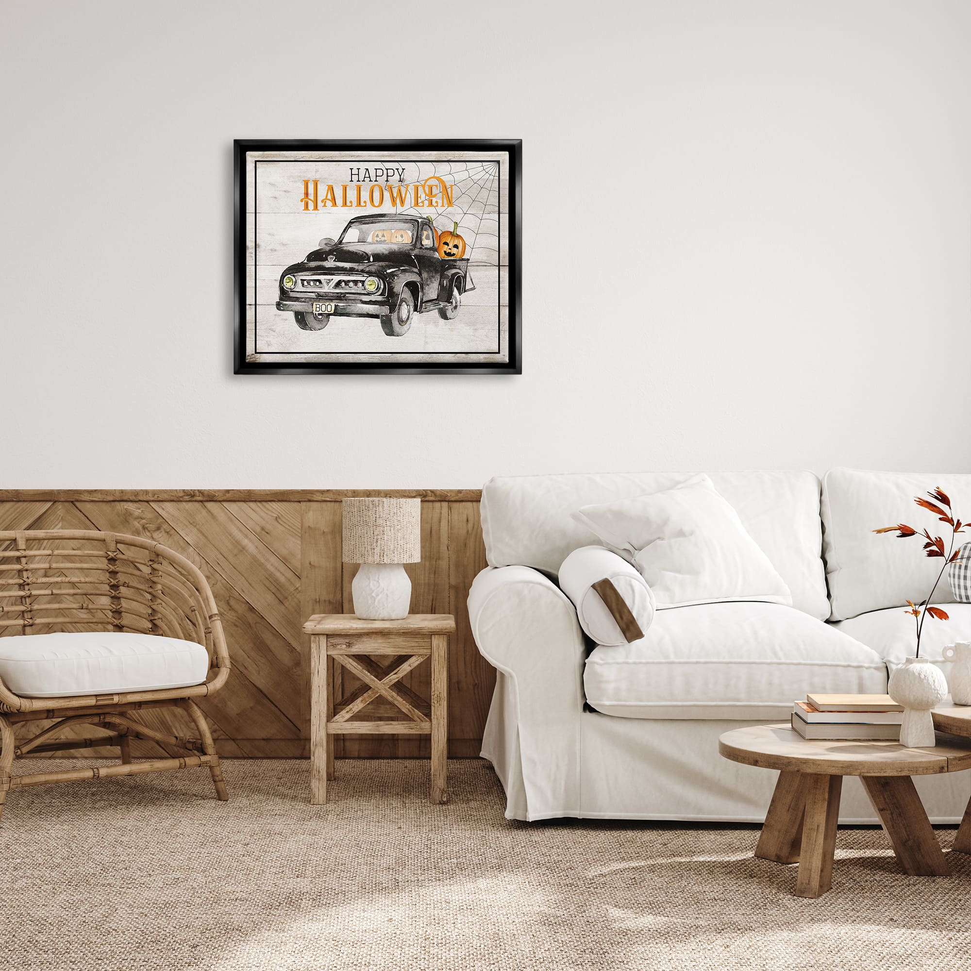 Stupell Industries Happy Halloween Pumpkin Truck Framed Floater Canvas Wall Art