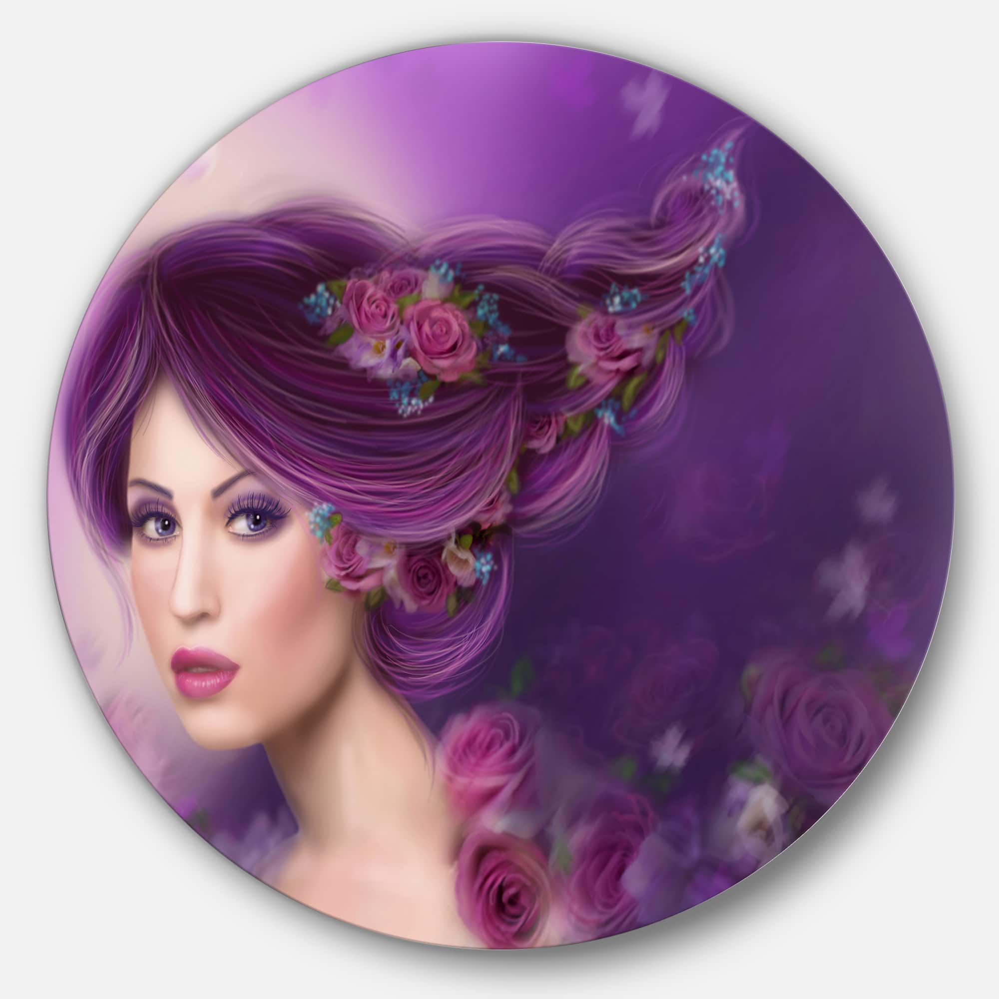 Designart - Woman with Purple Hair' Abstract Portrait Circle Metal Wall Art