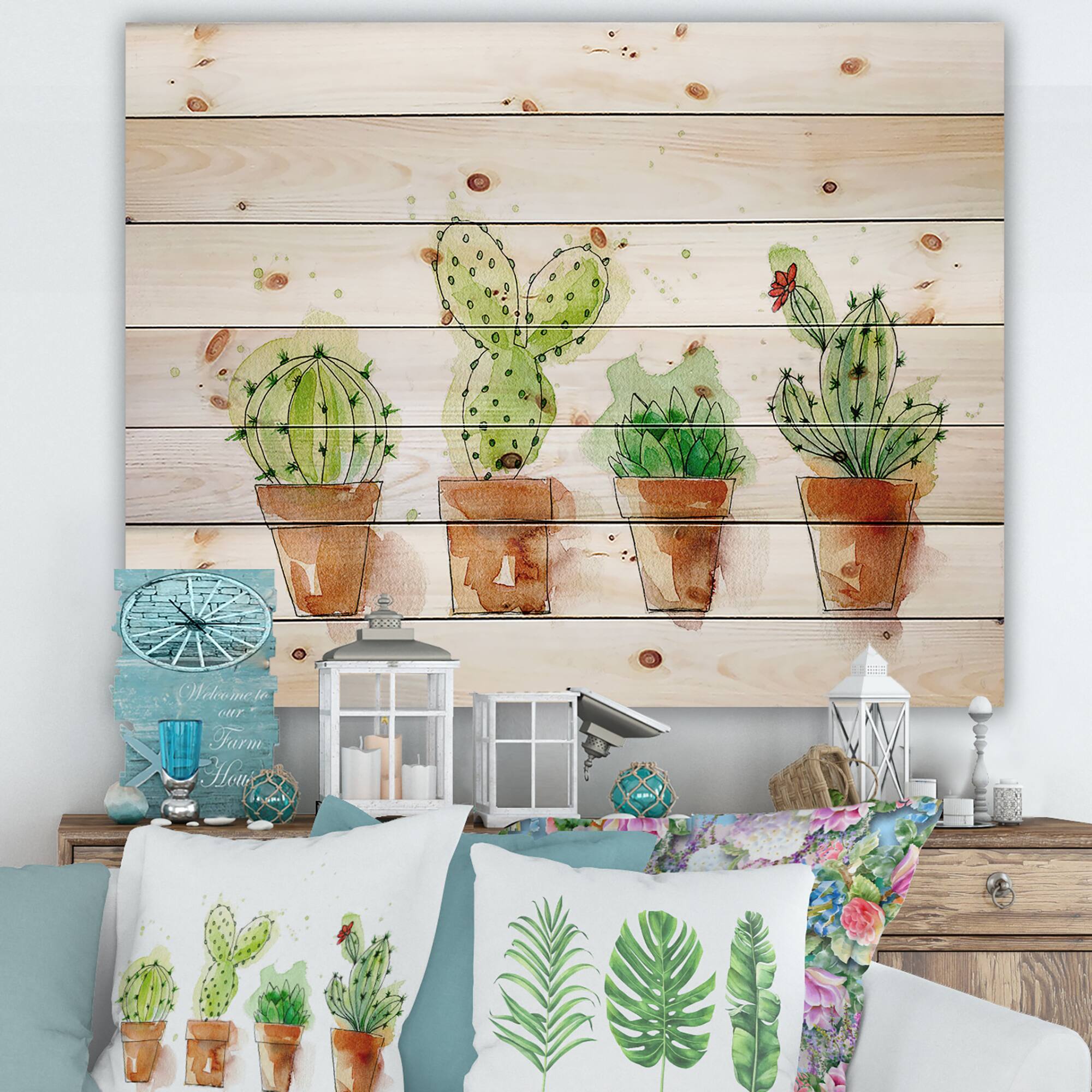 Designart - Cacti In Ceramic Pots In Gentle Tones I - Botanical Print on Natural Pine Wood