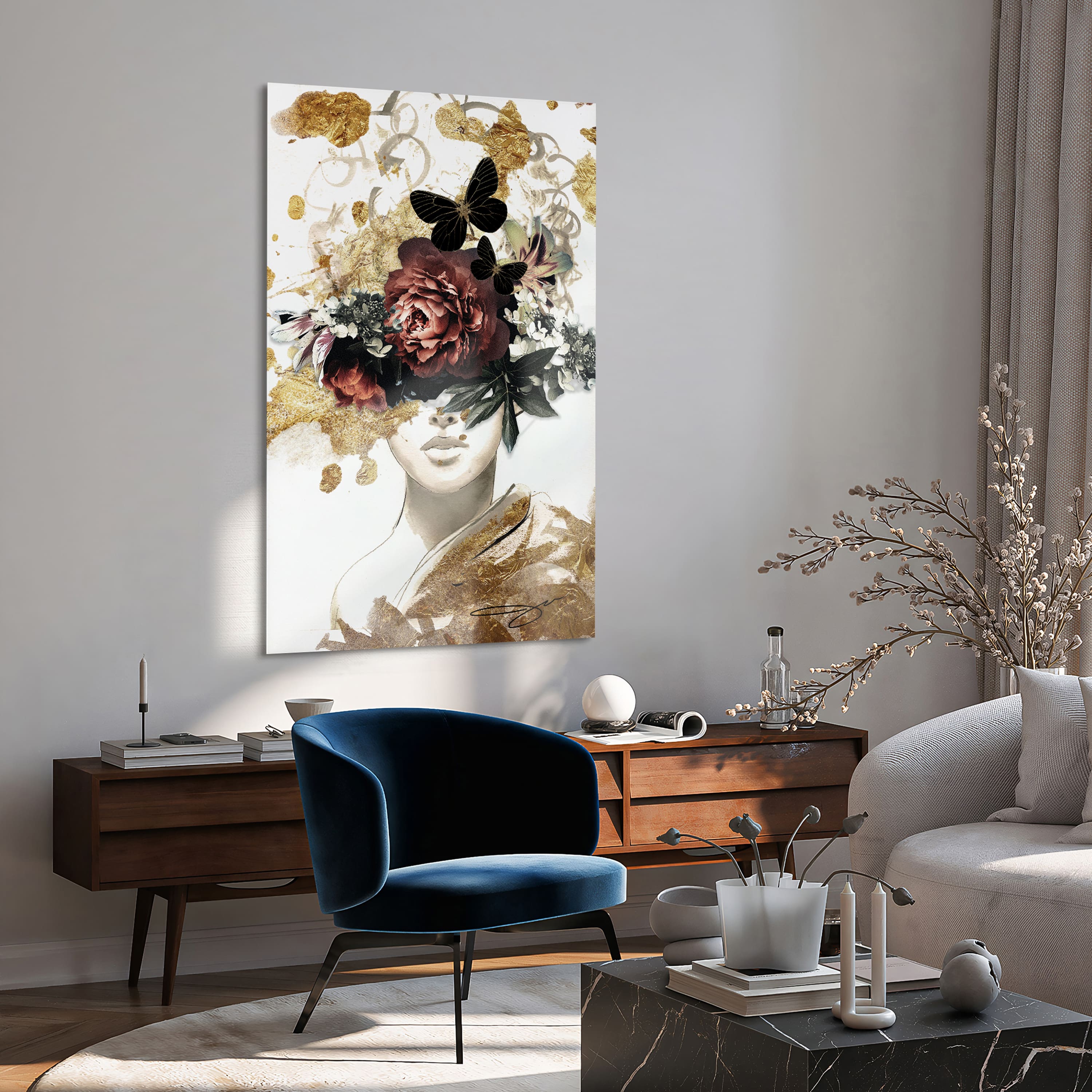 Empire Art Direct 32" x 48" Gold Covered Frameless Free Floating Printed Tempered Glass Wall Art