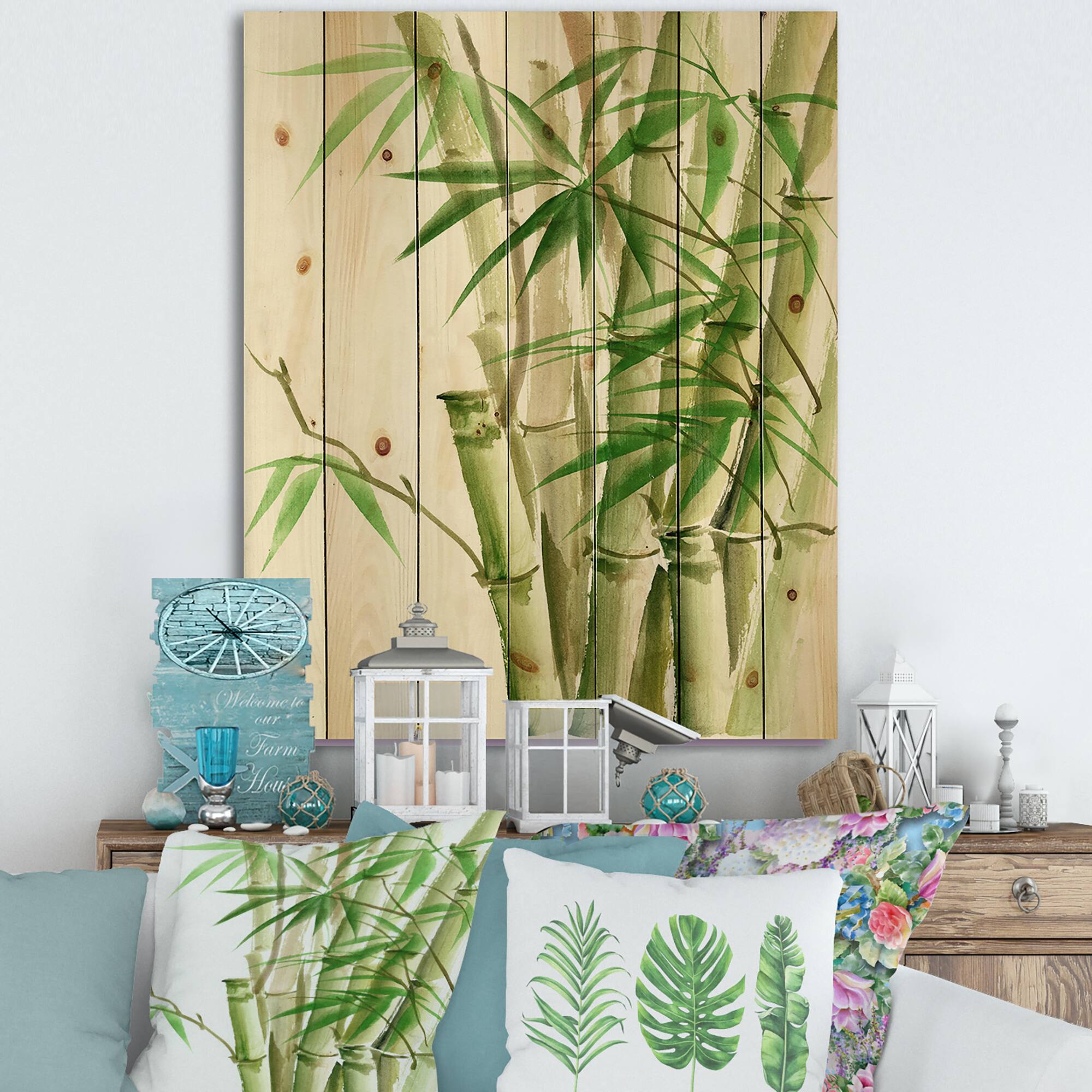 Designart - Detail of Dark Green Bamboo II - Traditional Print on Natural Pine Wood